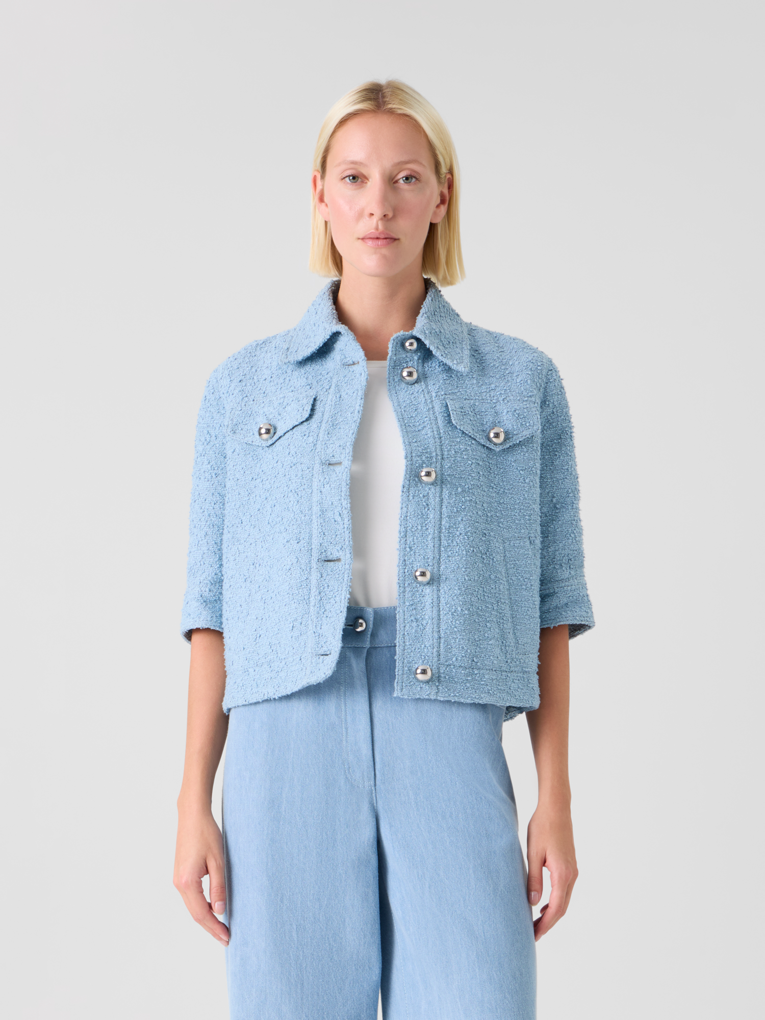 Designer Kurze Sommer-Jacke aus Bouclé-Baumwolle - Blau