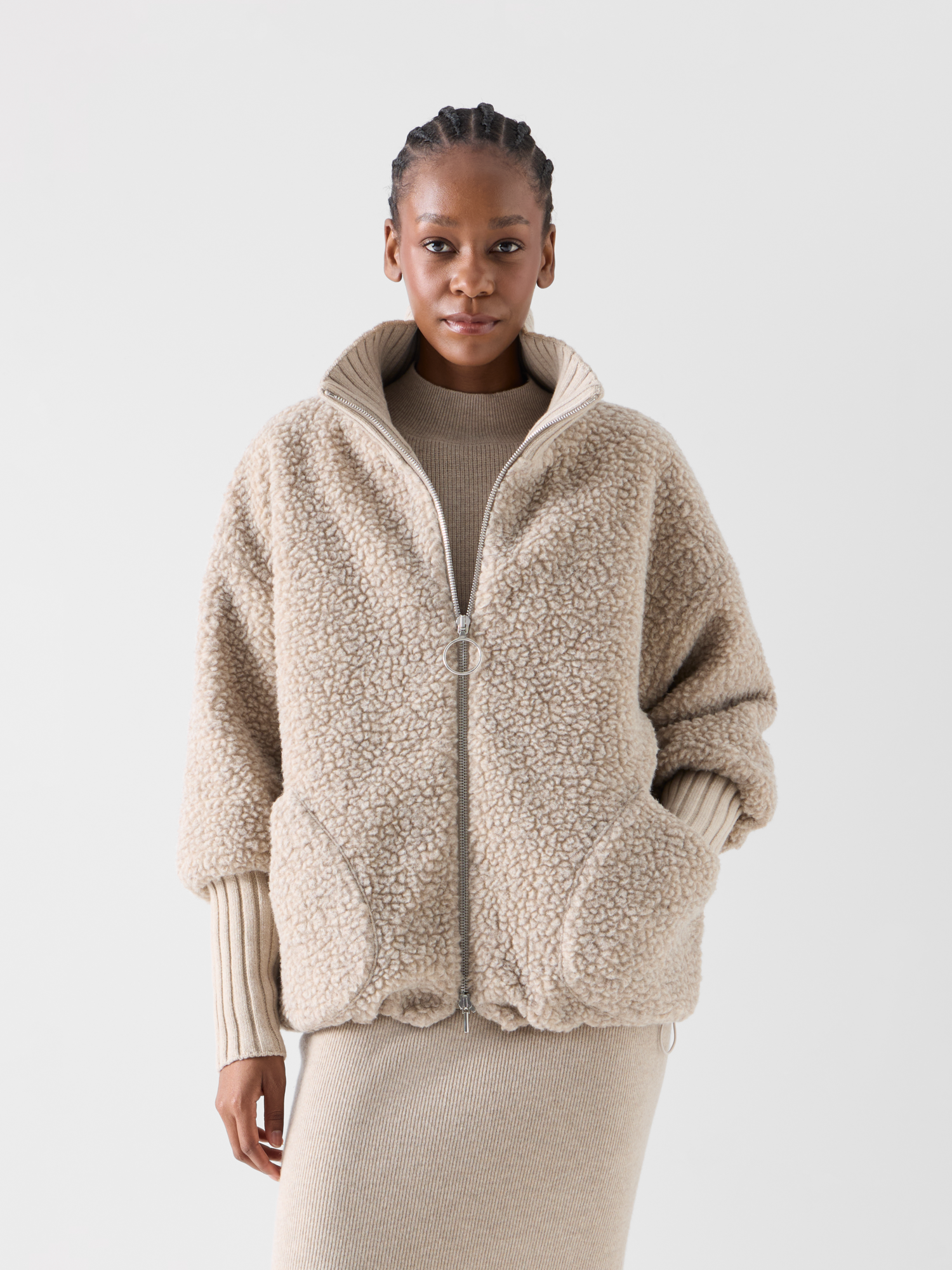 Designer Gesteppte Fleece-Bouclé-Jacke mit hohen Bündchen - Beige 
