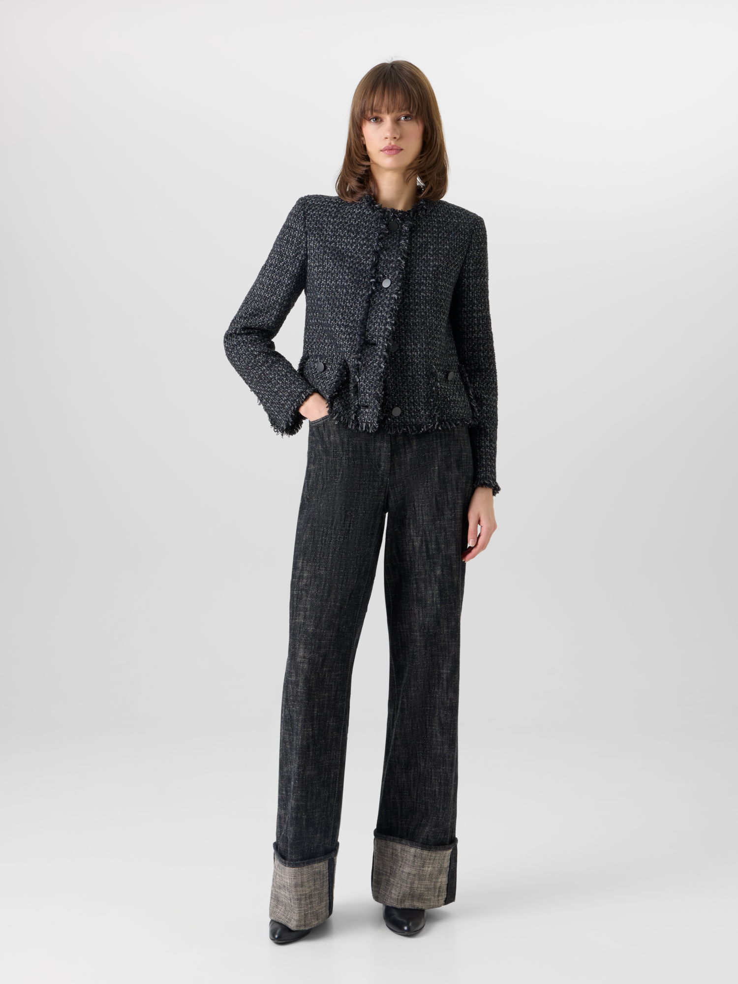 Designer Cooper Wide-Leg Hose aus schwerem, gewaschenem Baumwoll-Denim - Schwarz 