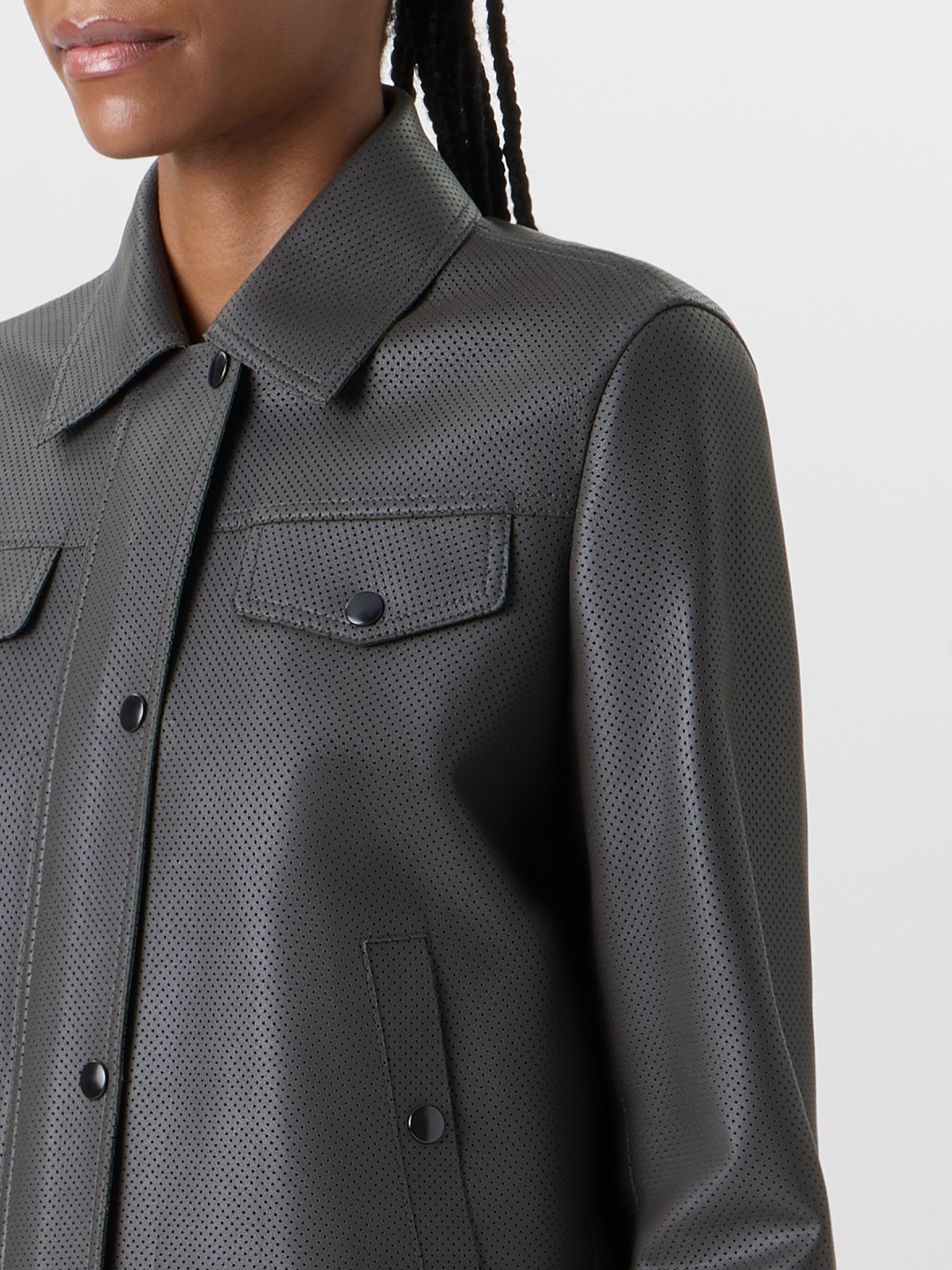 Designer Langärmelige Bikerjacke aus Signature-Pin-Dot-Lammnappaleder - Grün 