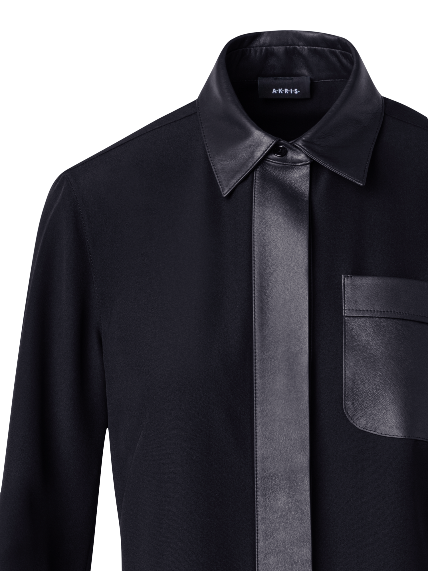 Designer Seidenbluse mit Ledereinsätzen - Schwarz