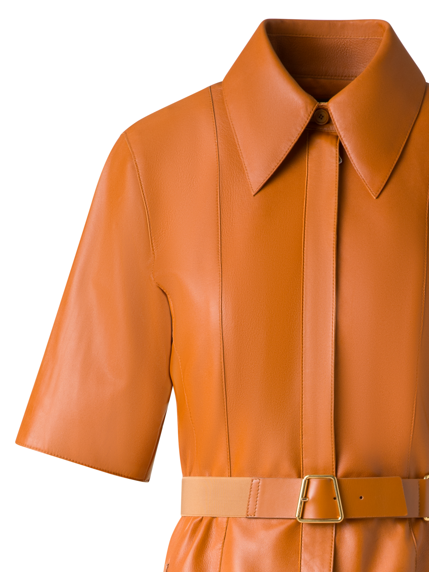 Designer Kurzarm-Hemdkleid aus Leder - Braun