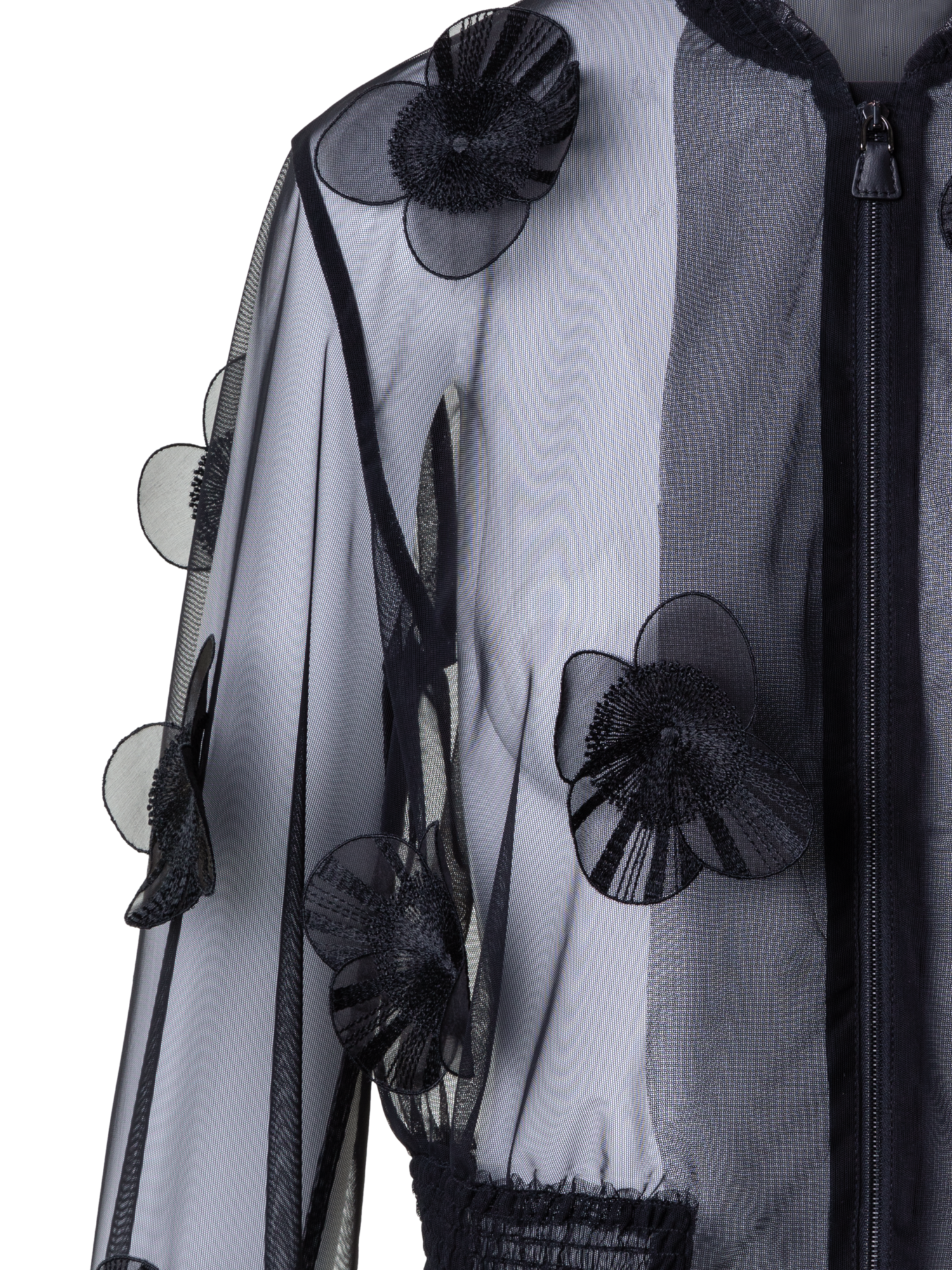 Designer Transparente Tüll-Bomberjacke mit Poppy Blumen - Schwarz