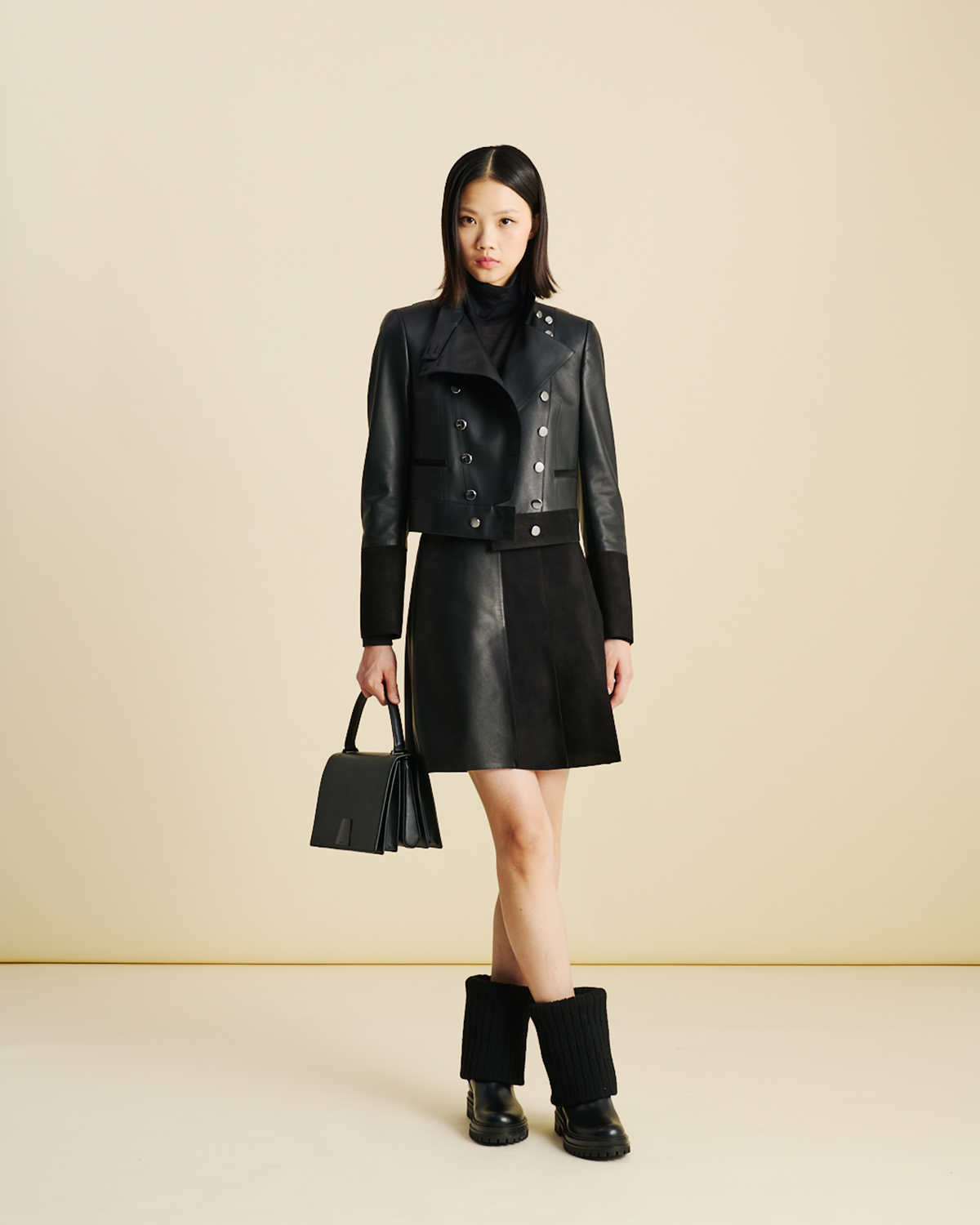 Designer Kurze Taillierte Leder Doppelreiher Jacke - Schwarz #editorial