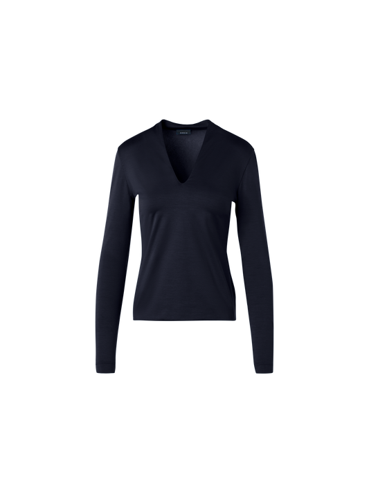 Designer Bluse aus Baumwoll-Stretch-Jersey mit V-Ausschnitt - Dunkelblau