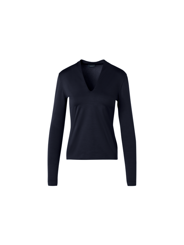 Designer Bluse aus Baumwoll-Stretch-Jersey mit V-Ausschnitt - Dunkelblau