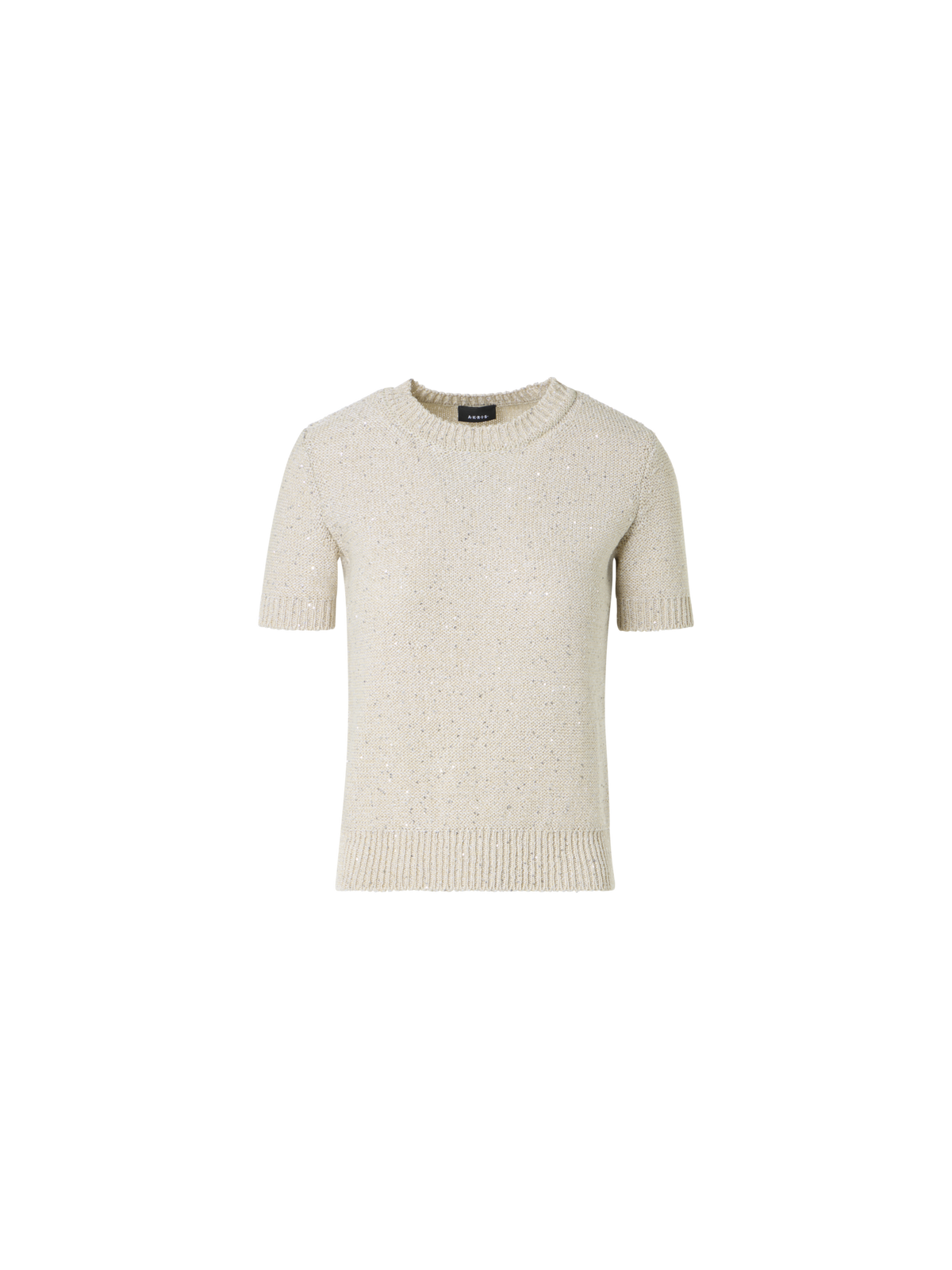 Designer Kurzärmliger Leinen-Baumwoll-Pullover mit Pailletten - Beige