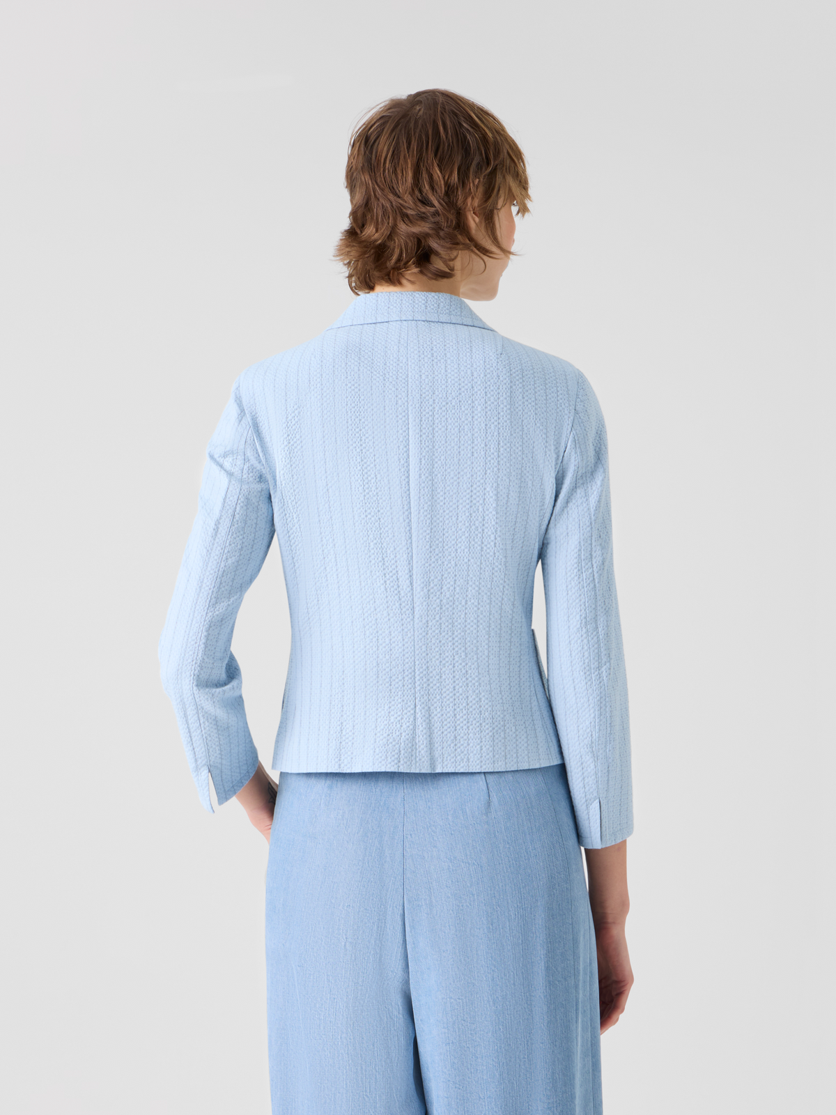 Designer Taillierte gestreifte Jacke aus Baumwoll-Seersucker mit Revers - Blau