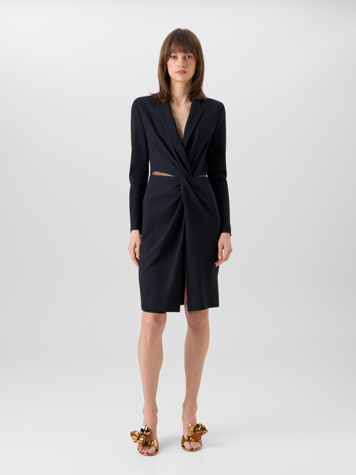 Designer Kleid aus Woll-Double-Face mit Knoten-Taille - Schwarz 