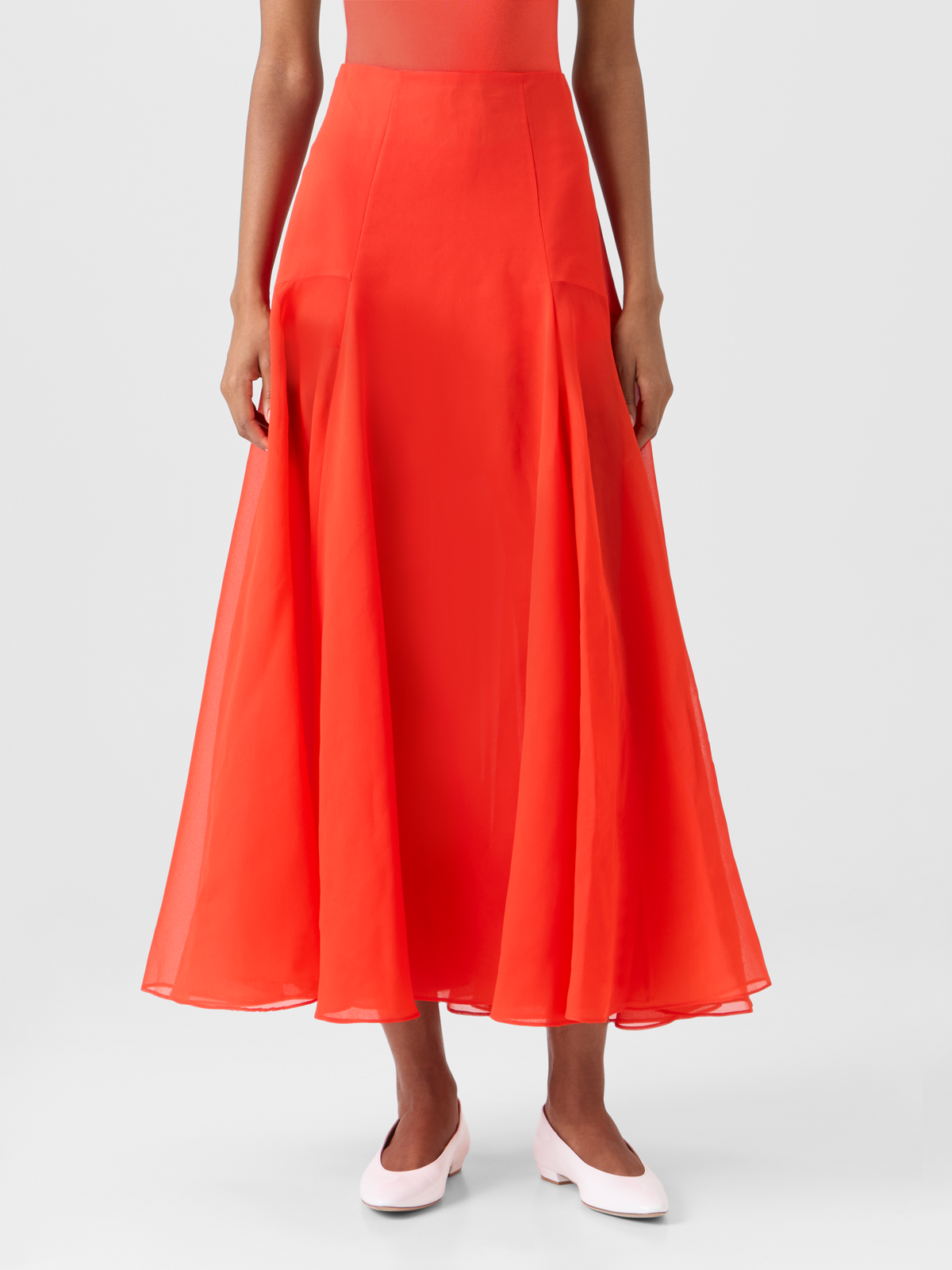 Designer Ausgestellter Midirock aus Seidenorganza - Rot #editorial