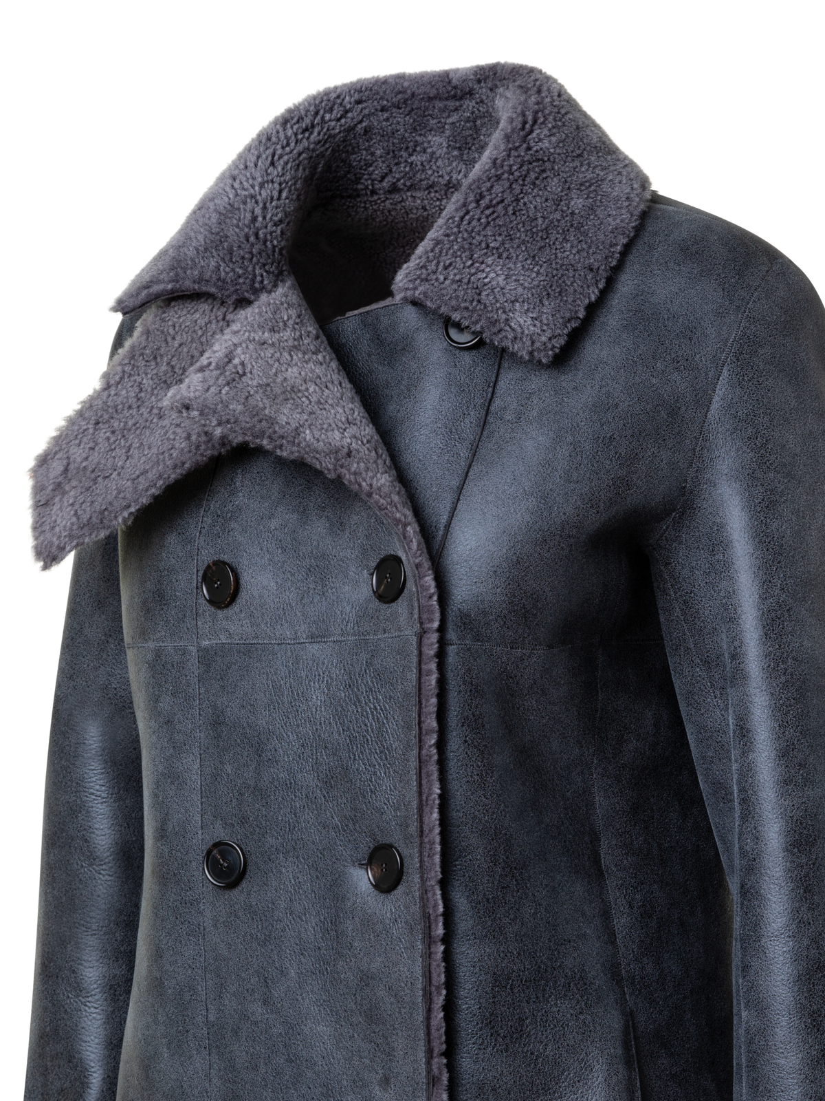 Designer Langer Zweireihiger Mantel aus Shearling - Grau