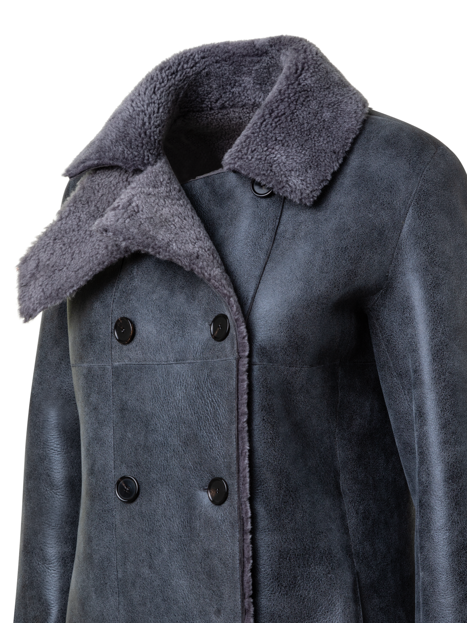 Designer Langer Zweireihiger Mantel aus Shearling - Grau