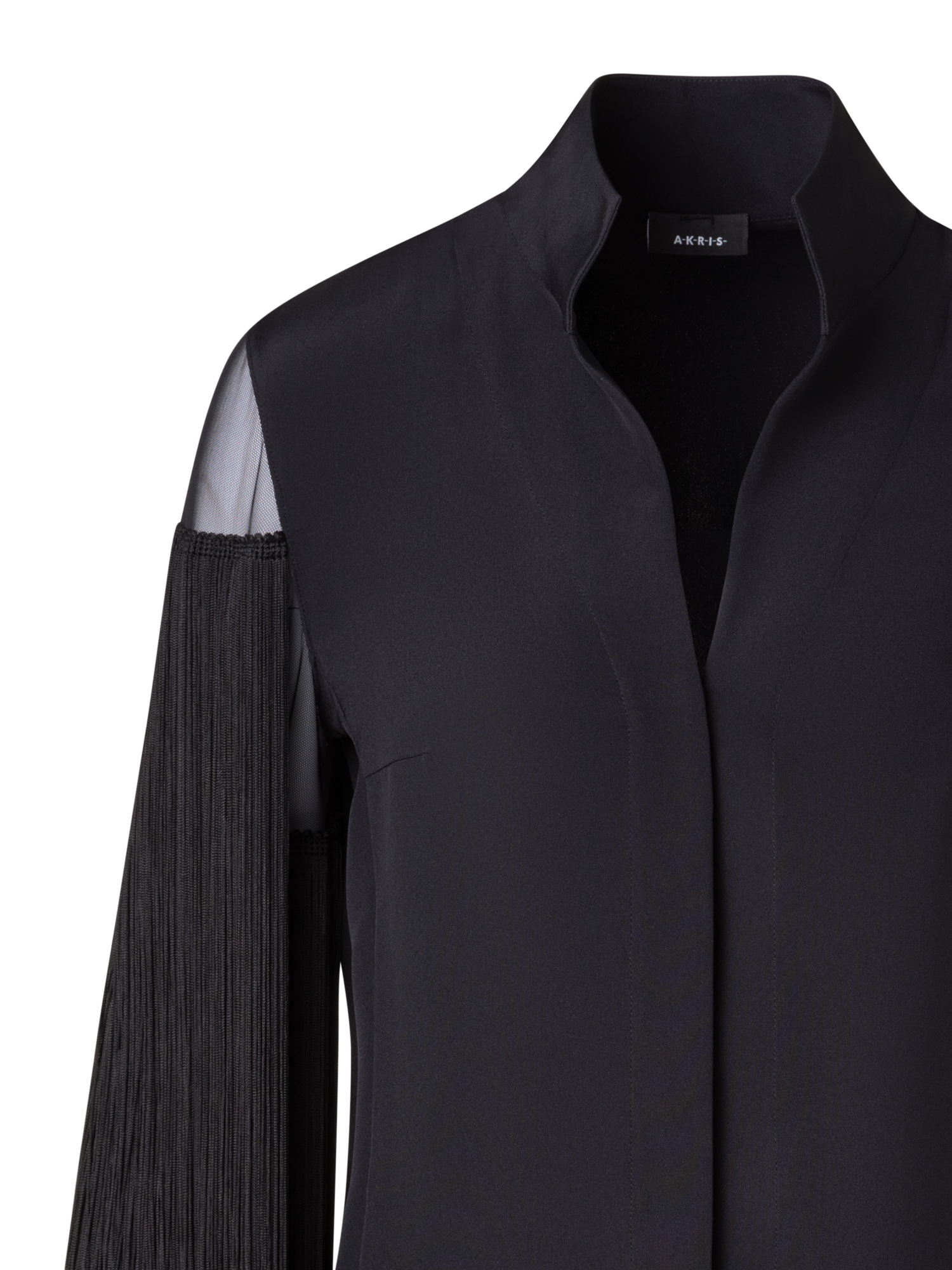 Designer Seiden-Tunikabluse mit Fransenärmeln - Schwarz