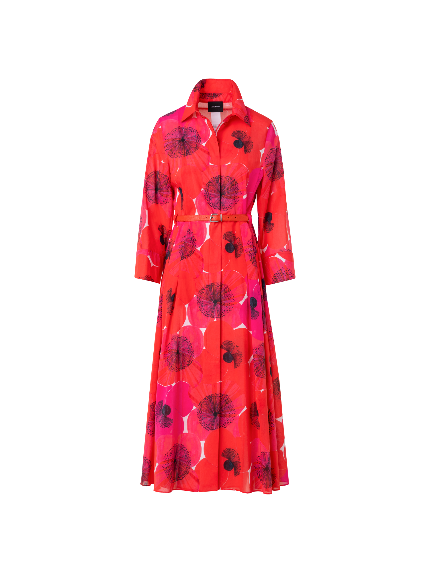 Designer Midi-Blusenkleid aus Baumwolle mit Poppy Druck - Bunt - Rot