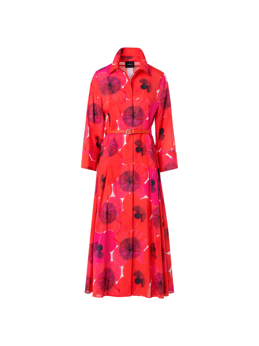 Designer Midi-Blusenkleid aus Baumwolle mit Poppy Druck - Bunt - Rot