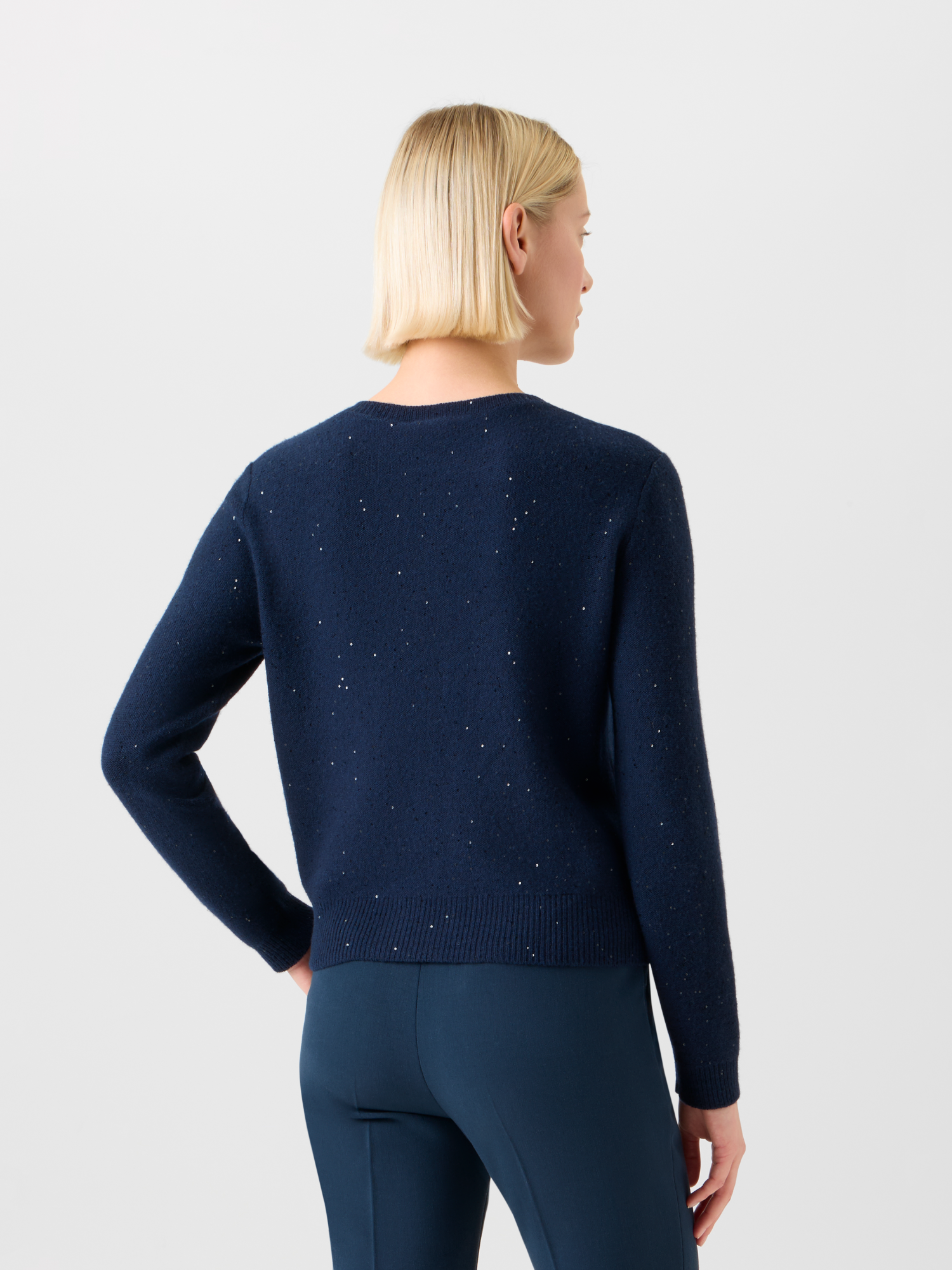 Designer Wolle Kaschmir Pailletten Strick Cardigan - Dunkelblau - Blau 