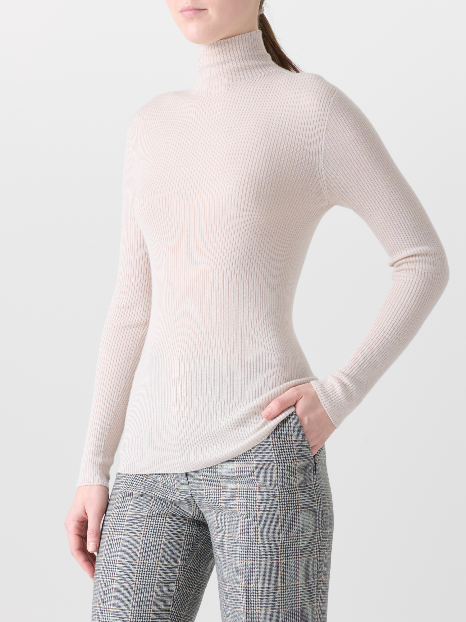 Designer Kaschmir-Seiden-Strickpullover mit Stehkragen - Beige