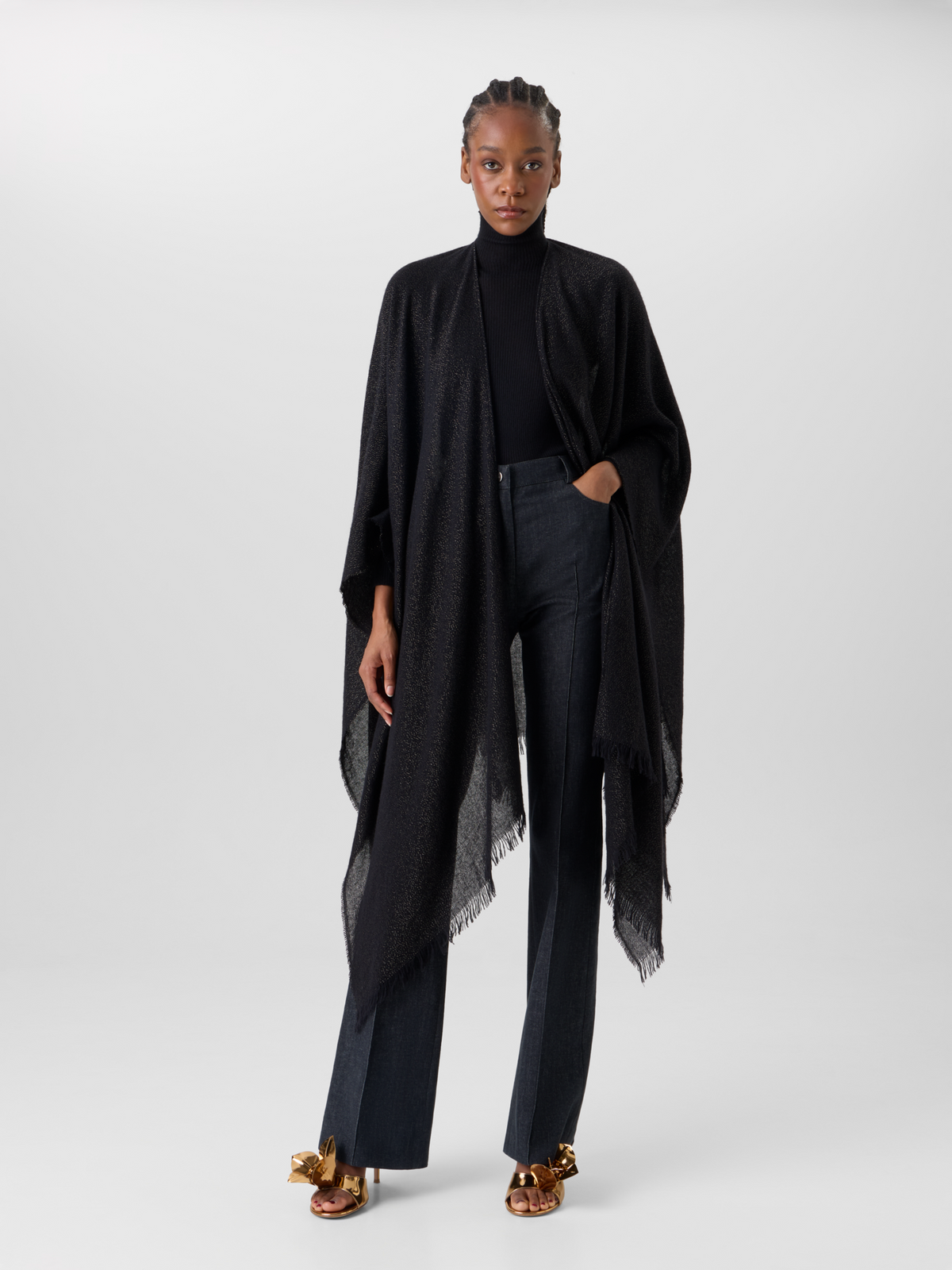Designer Cape-Schal aus Wolle-Kaschmir mit Lurex und Fransen - Bunt - Gold - Schwarz 