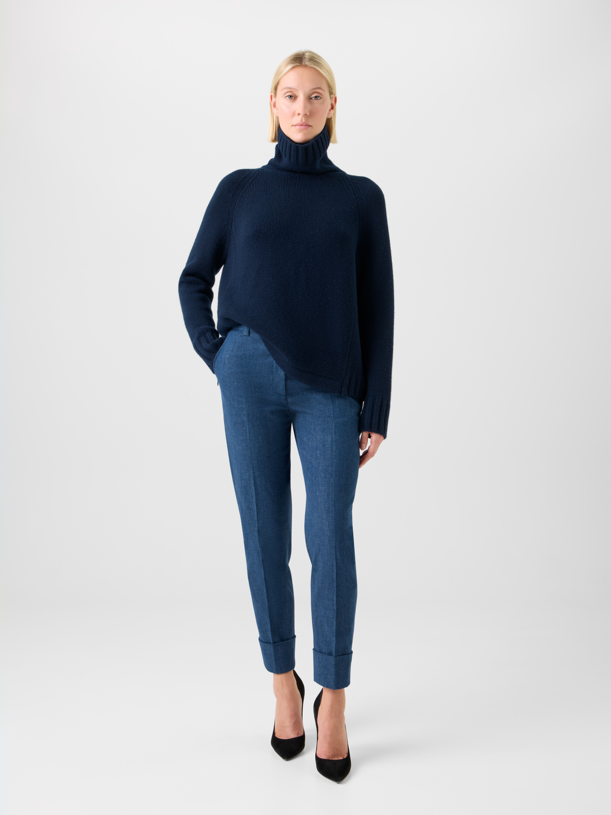 Designer Boxy Kaschmir Rollkragen Pullover - Dunkelblau - Blau #editorial