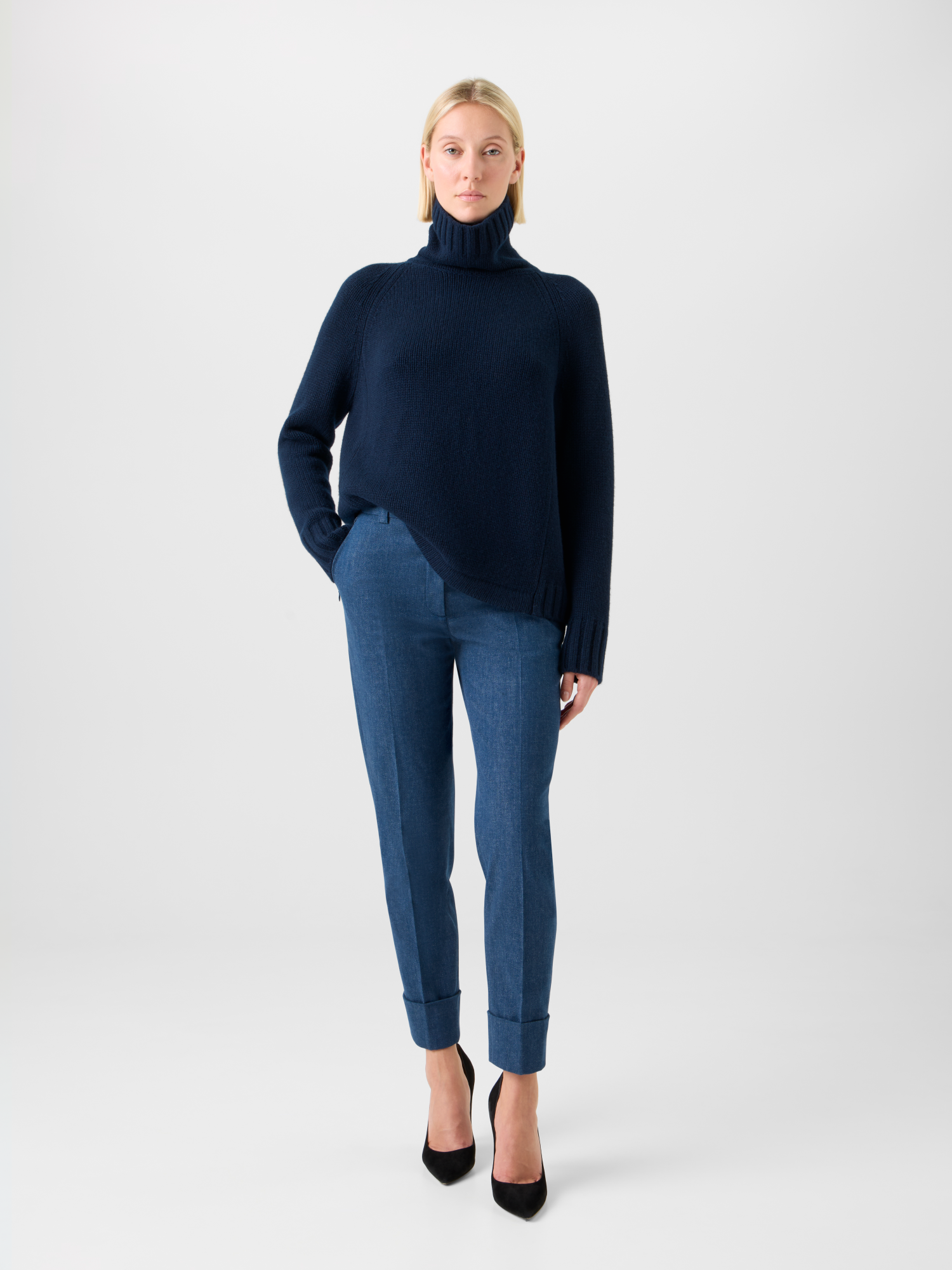 Designer Boxy Kaschmir Rollkragen Pullover - Dunkelblau - Blau 