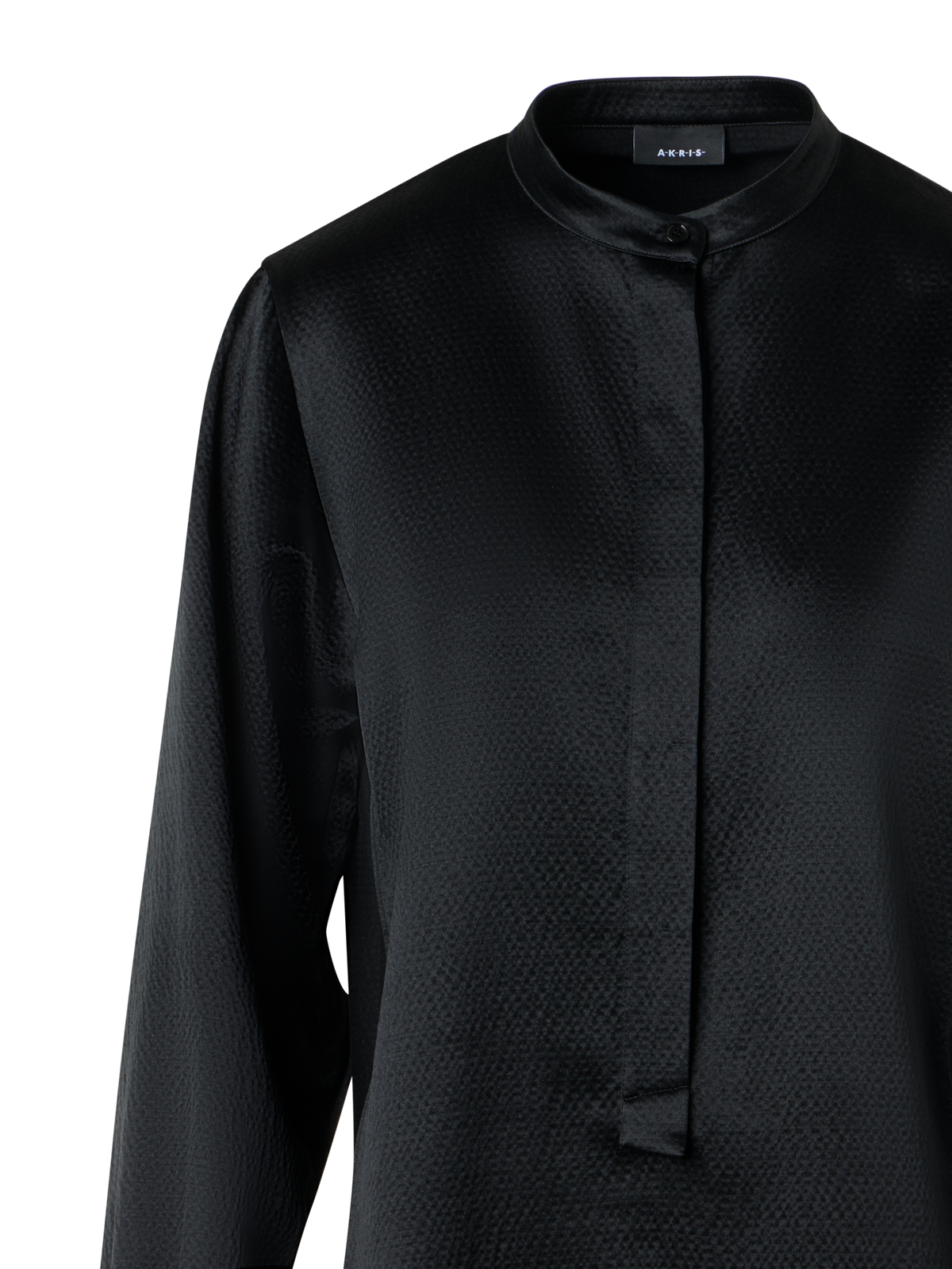 Designer Schlanke Tunika-Bluse aus gehämmertem Seiden-Wollsatin - Schwarz