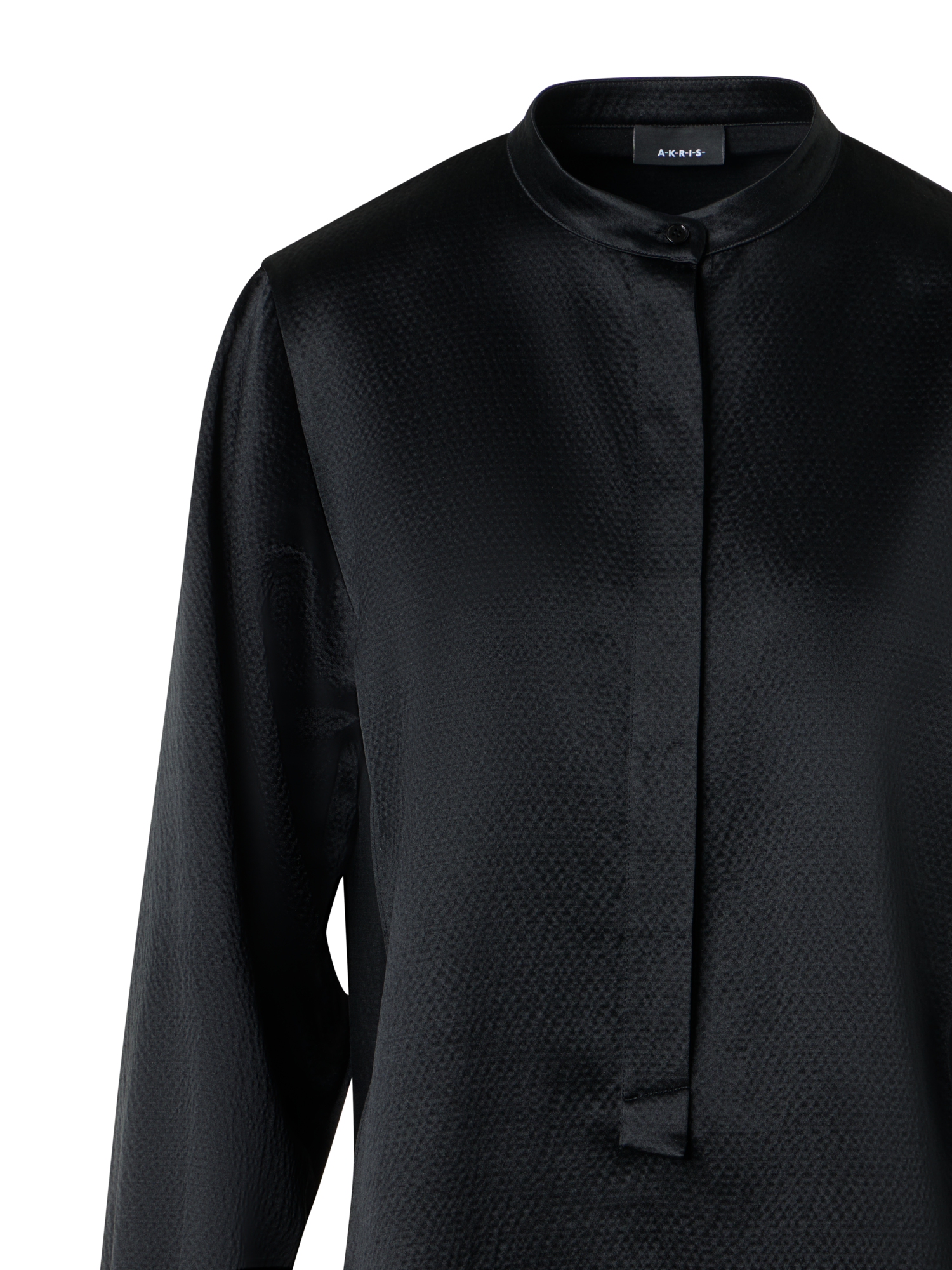 Designer Schlanke Tunika-Bluse aus gehämmertem Seiden-Wollsatin - Schwarz