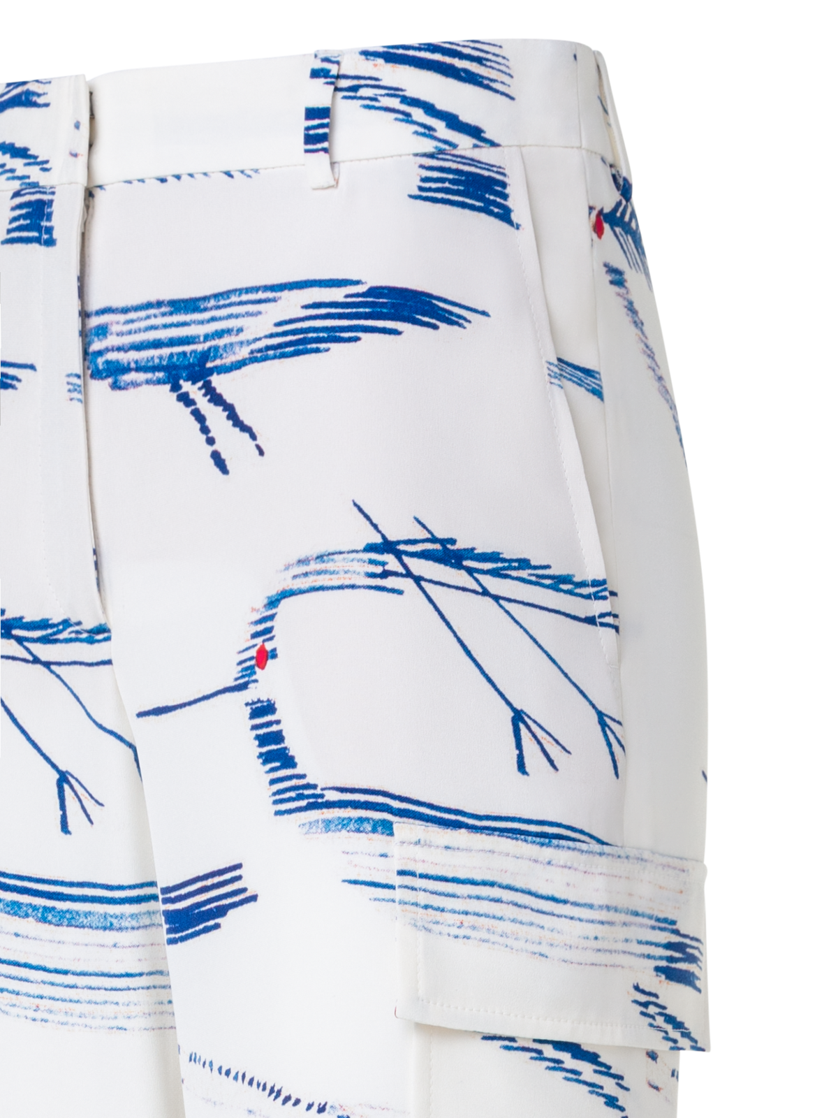 Designer Seiden-Cargo-Hose mit Kasuri Birds Druck - Blau - Bunt - Ecru - Weiss