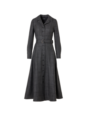 Designer Fit and Flair Midi Shirt Dress in Wool Flannel Plaid - Grau - Schwarz