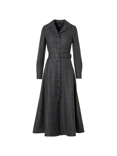 Designer Fit and Flair Midi Shirt Dress in Wool Flannel Plaid - Grau - Schwarz