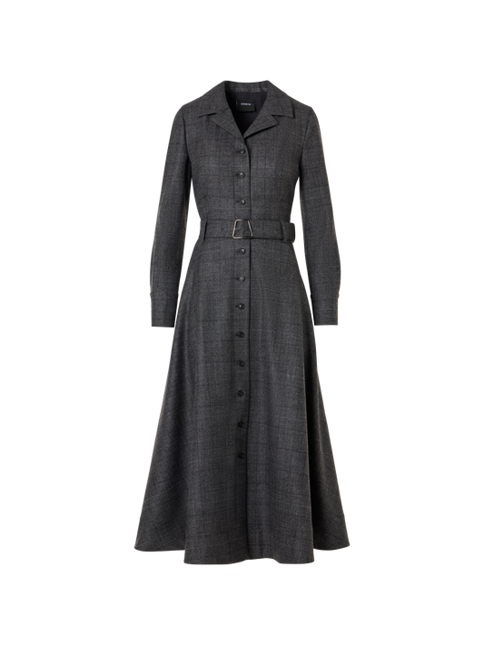 Designer Fit and Flair Midi Shirt Dress in Wool Flannel Plaid - Grau - Schwarz