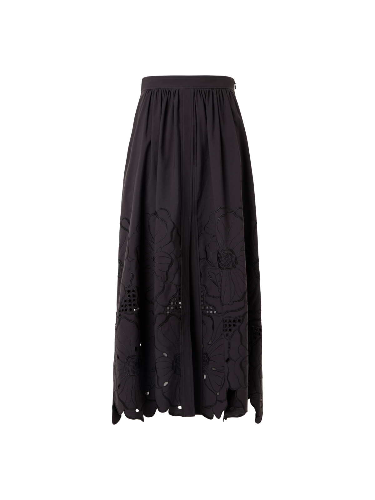 Designer Ausgestellter Midirock mit Blumen-Lochstickerei - Schwarz