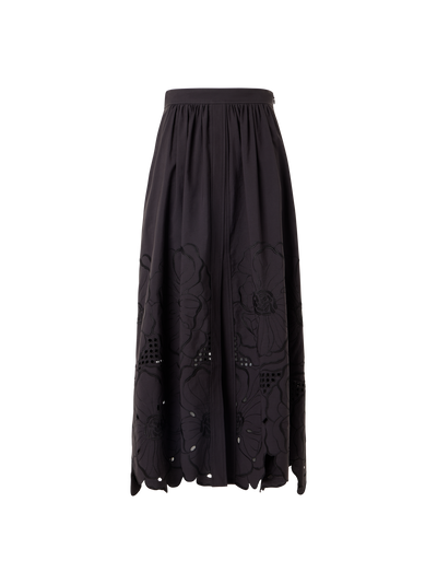 Designer Ausgestellter Midirock mit Blumen-Lochstickerei - Schwarz