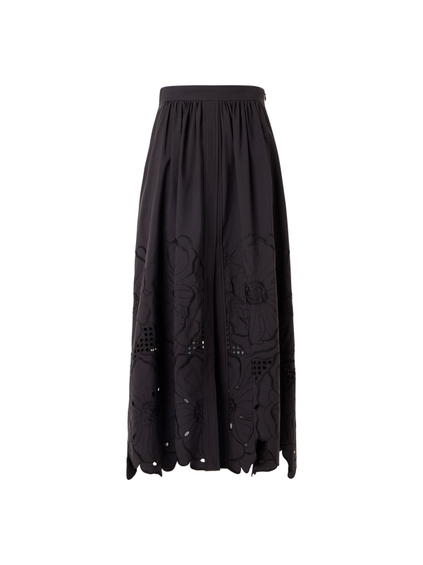 Designer Ausgestellter Midirock mit Blumen-Lochstickerei - Schwarz