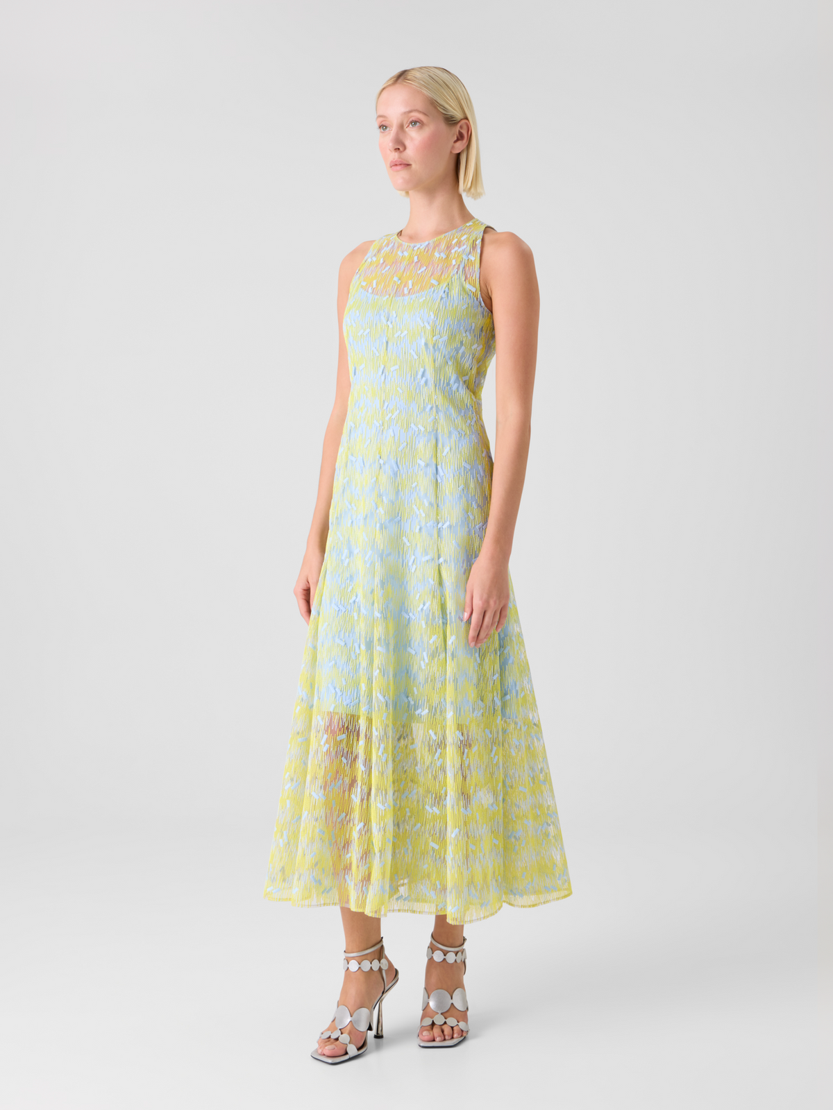 Designer Transparentes ausgestelltes Midikleid mit Scribble-Dot-Stickerei - Blau - Gelb #editorial