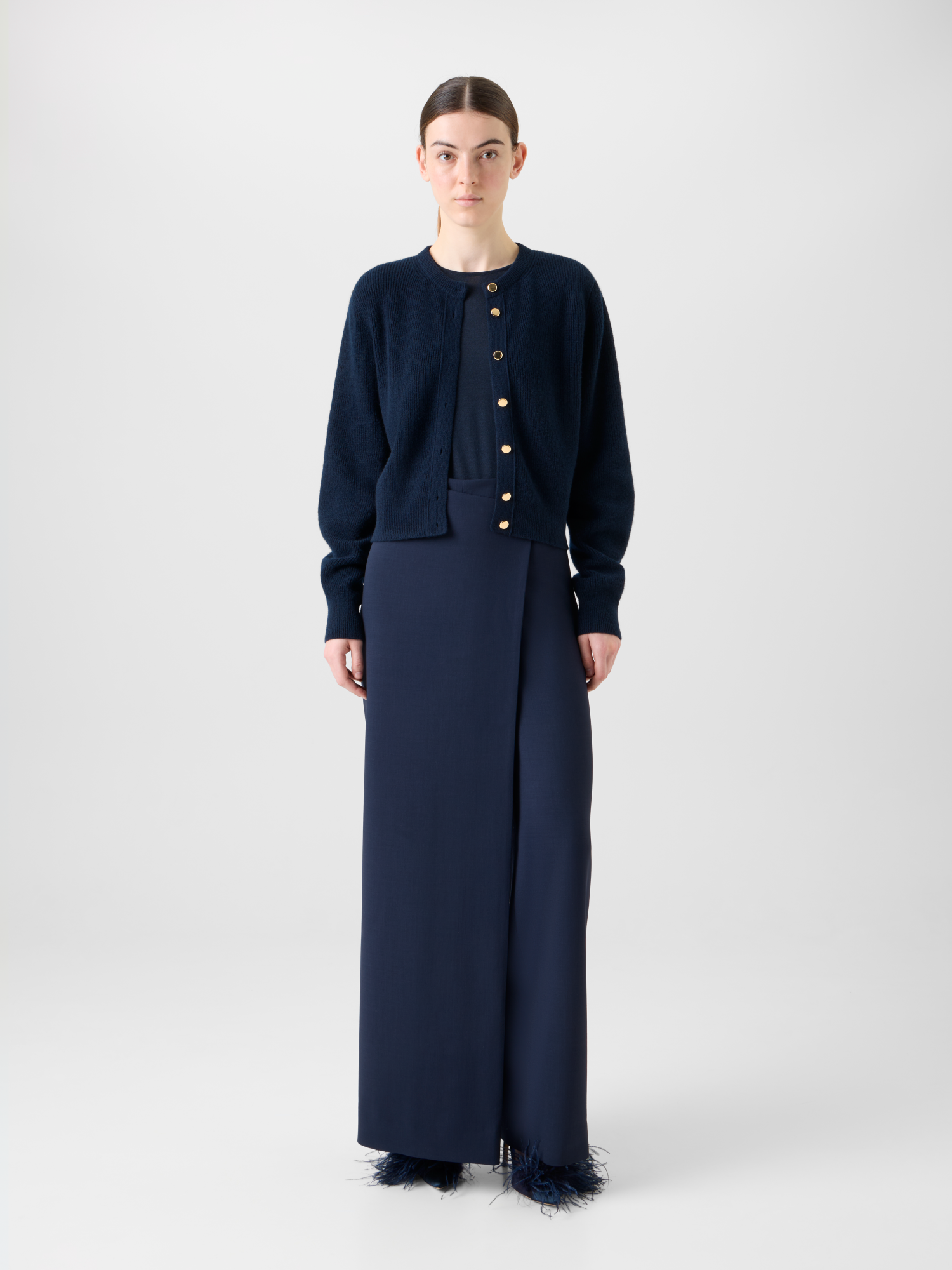 Designer Kaschmir Rippenstrick Cardigan mit Goldknöpfen - Dunkelblau - Blau 