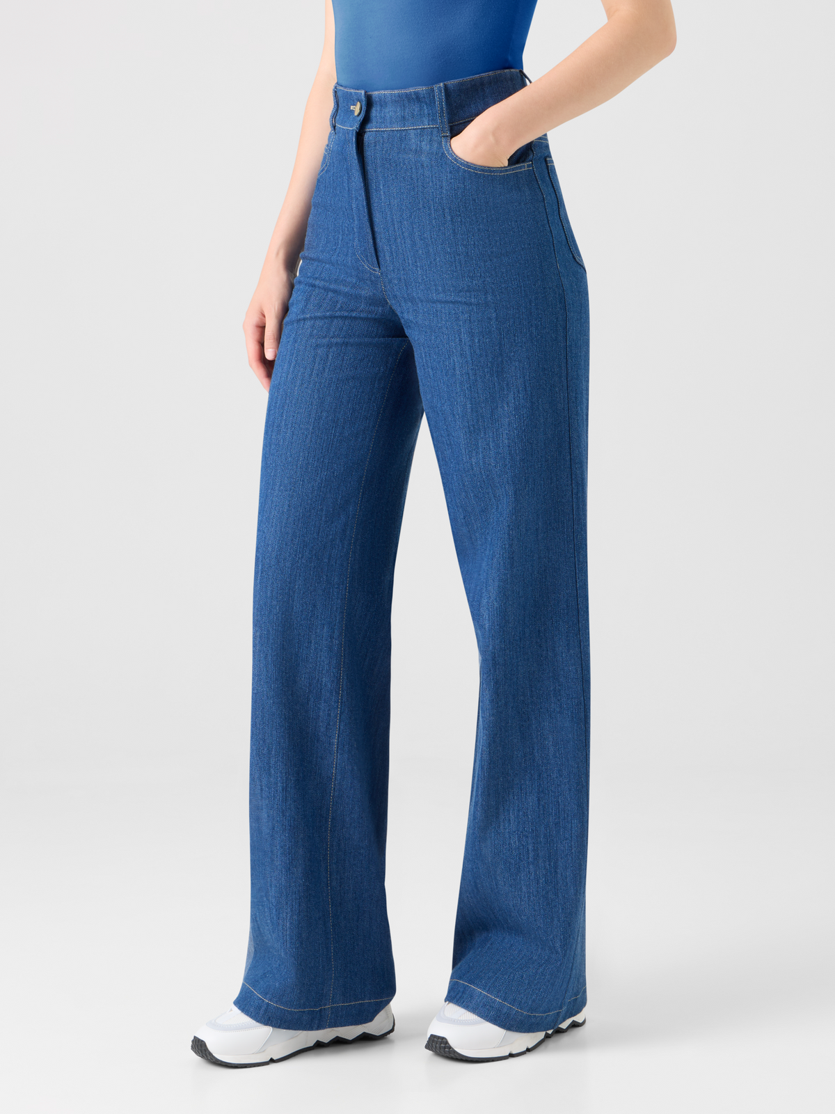 Designer Weite Baumwoll-Stretch Denimhose - Dunkelblau - Blau #editorial