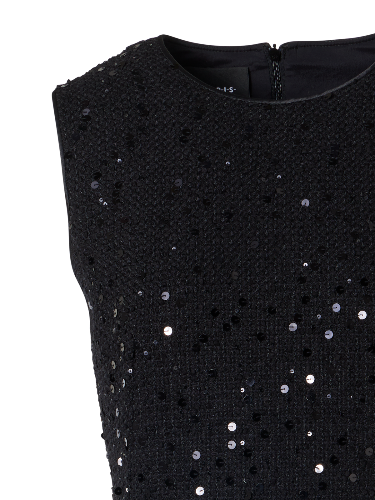 Designer Ärmelloses Midi-Etuikleid aus Baumwoll-Woll-Tweed mit Pailletten - Schwarz