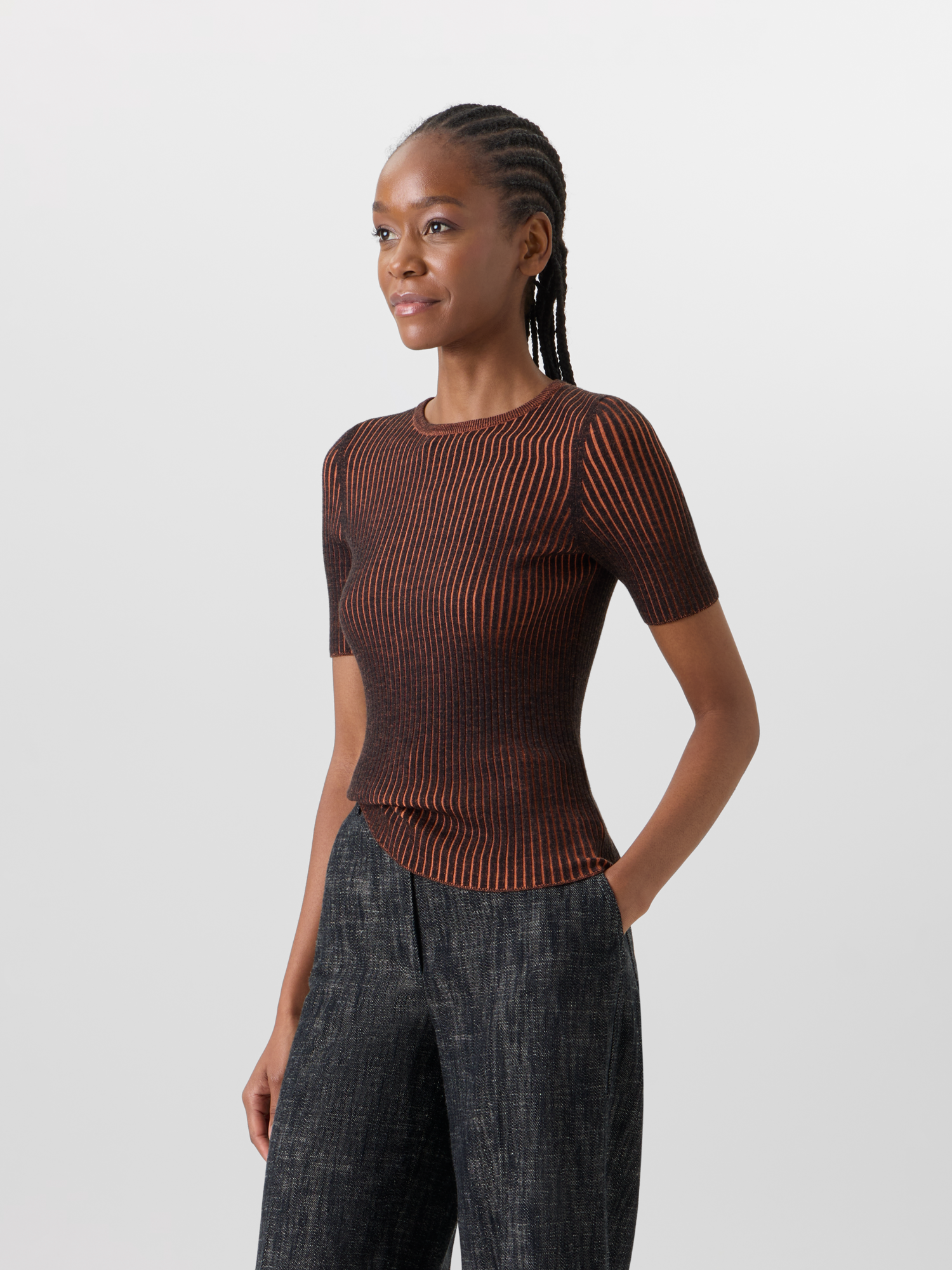 Designer Kurzärmeliger Strickpullover aus Merinowolle - Bunt 