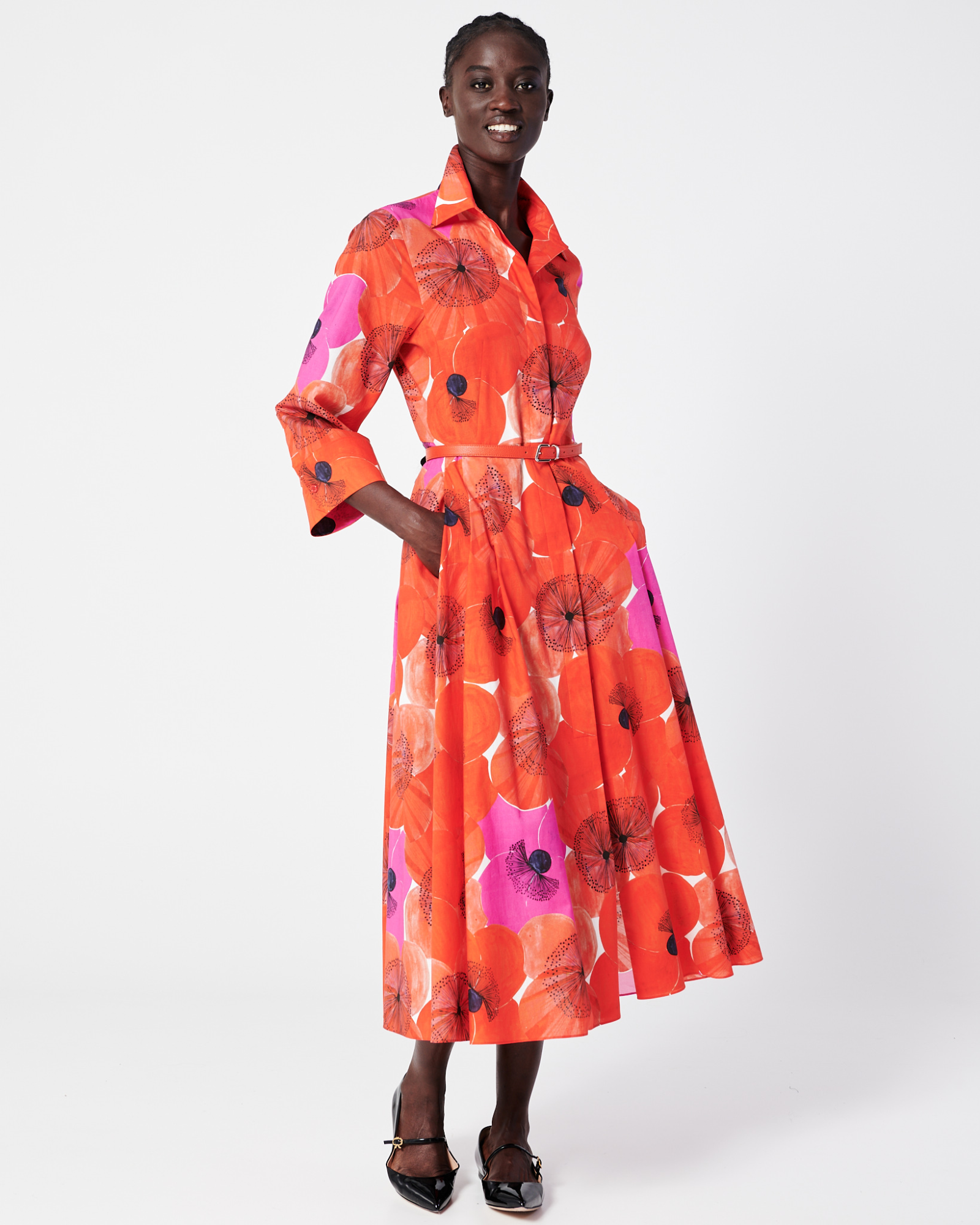 Designer Midi-Blusenkleid aus Baumwolle mit Poppy Druck - Bunt - Rot 