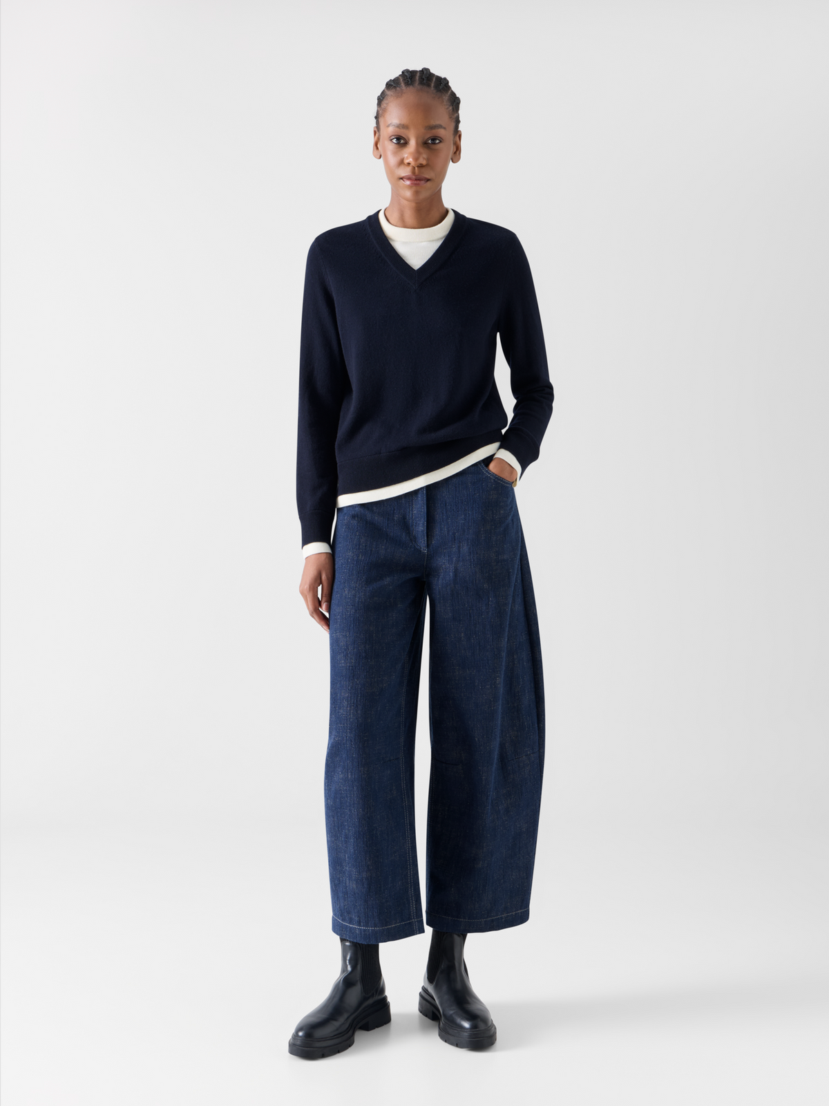 Designer Wolle-Kaschmir Pullover mit Trompe-l'Oeil V-Ausschnitt - Dunkelblau 