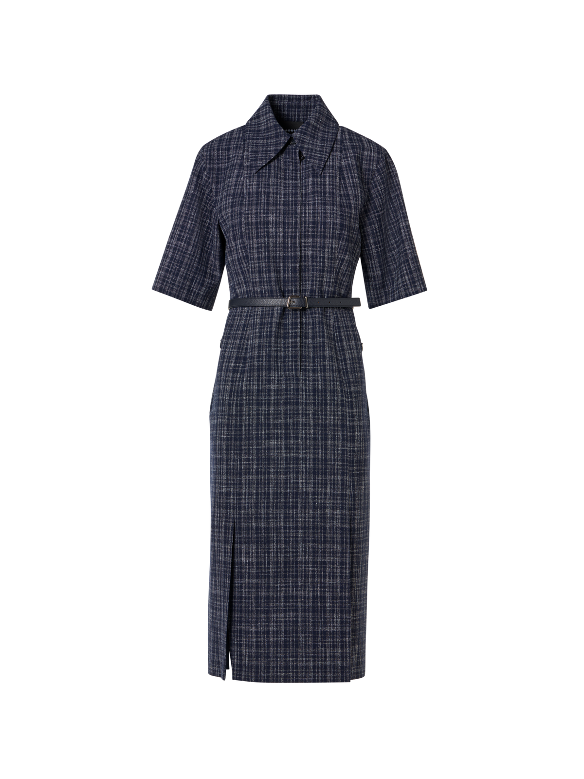 Designer Kurzärmeliges Hemdblusenkleid aus Woll-Viskose-Tweed - Blau