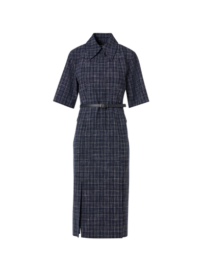 Designer Kurzärmeliges Hemdblusenkleid aus Woll-Viskose-Tweed - Blau