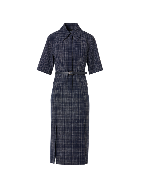 Designer Kurzärmeliges Hemdblusenkleid aus Woll-Viskose-Tweed - Blau