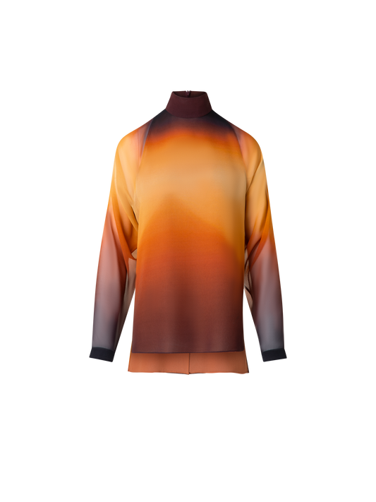 Designer Seide Georgette-Bluse Autumn Twilight Druck - Braun - Bunt - Orange