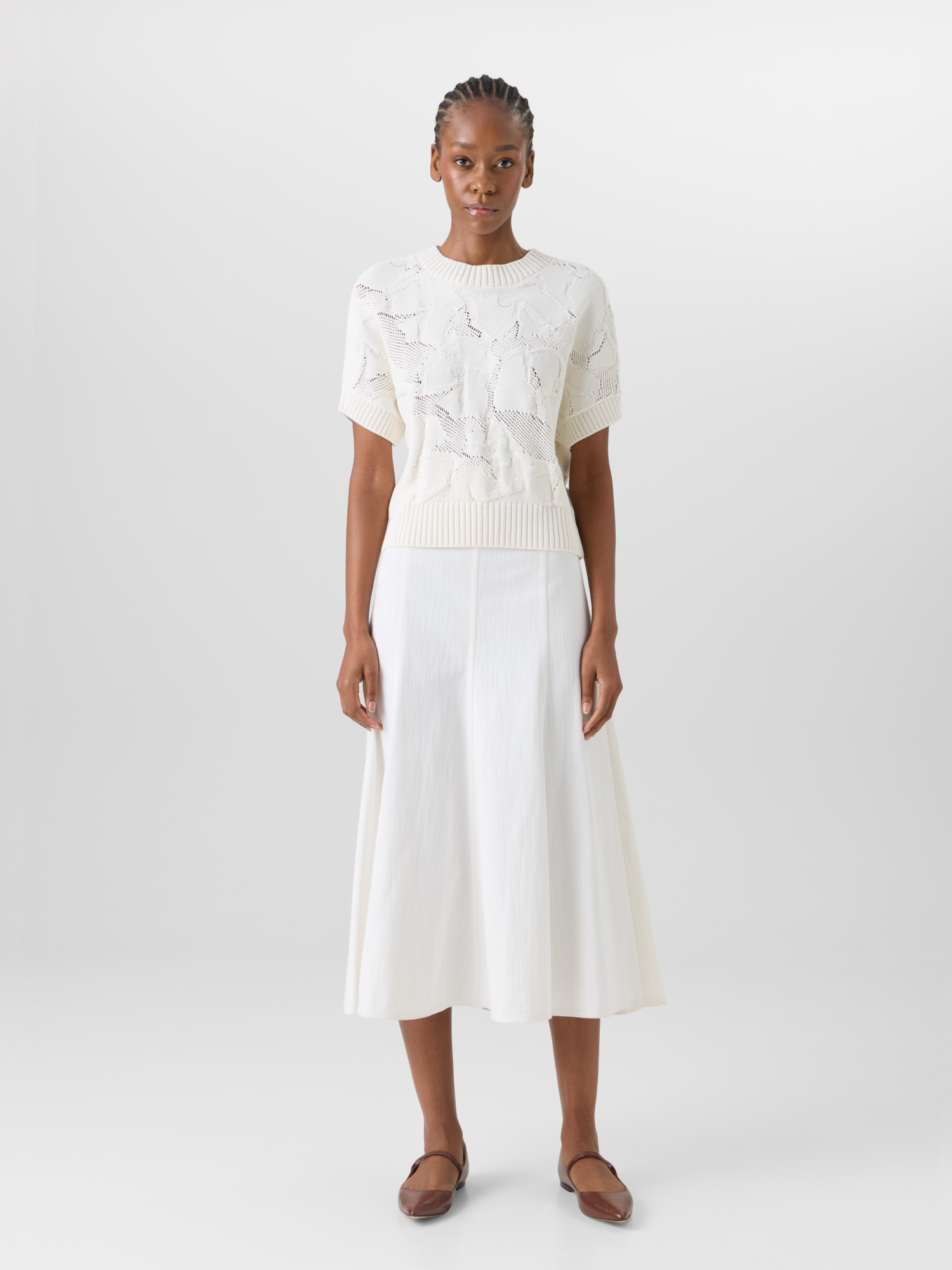 Designer Ausgestellter Midirock aus Baumwoll-Stretch-Denim - Weiss 