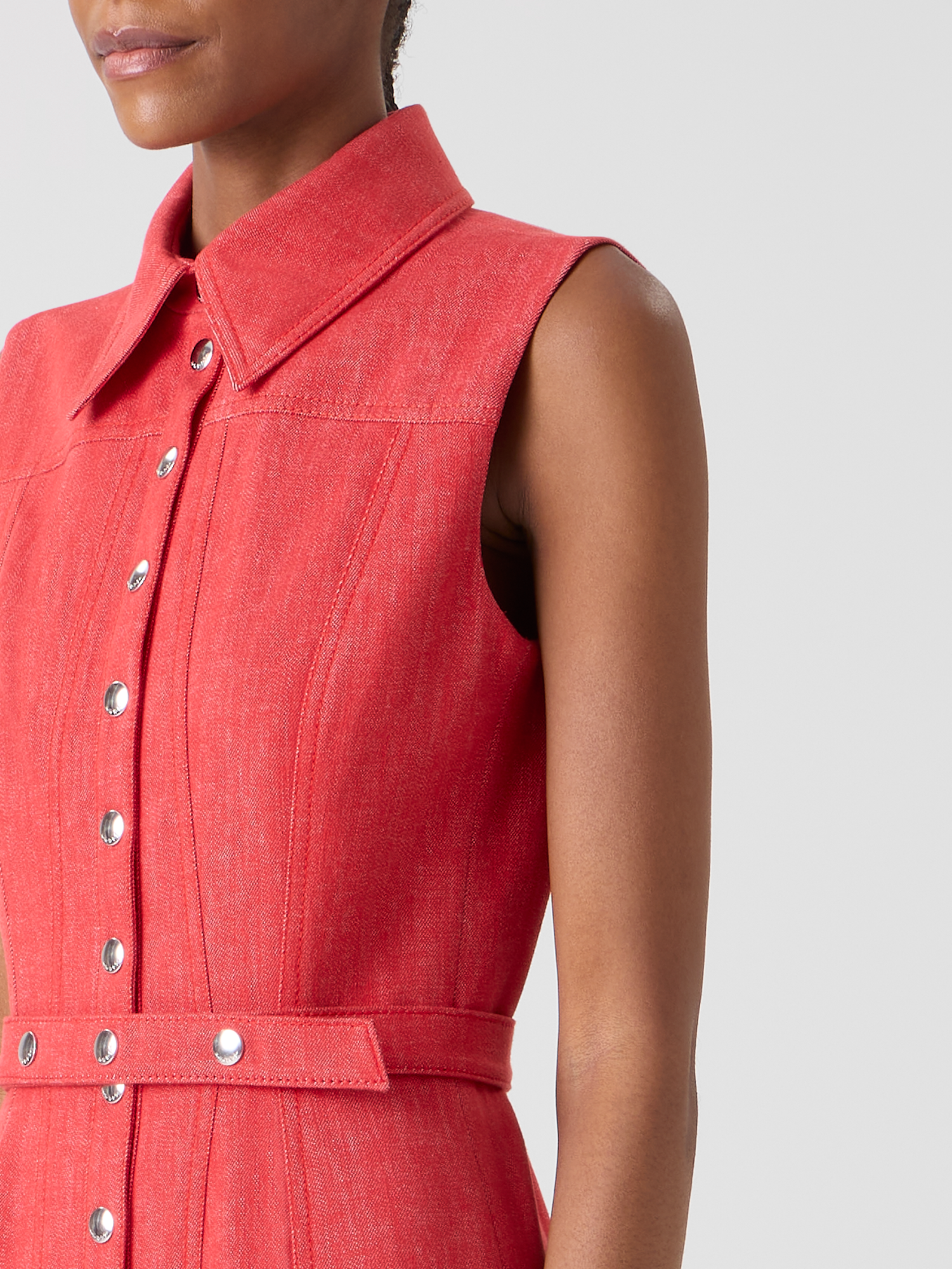 Designer Tailliertes ausgestelltes Midikleid aus Denim - Rot 