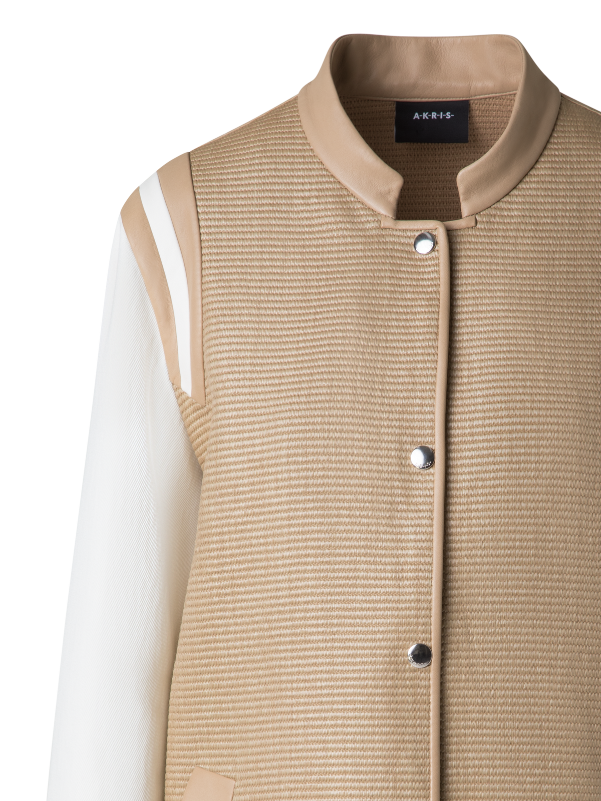 Designer Jacke aus Baumwoll-Raffia und Leder - Bunt - Beige