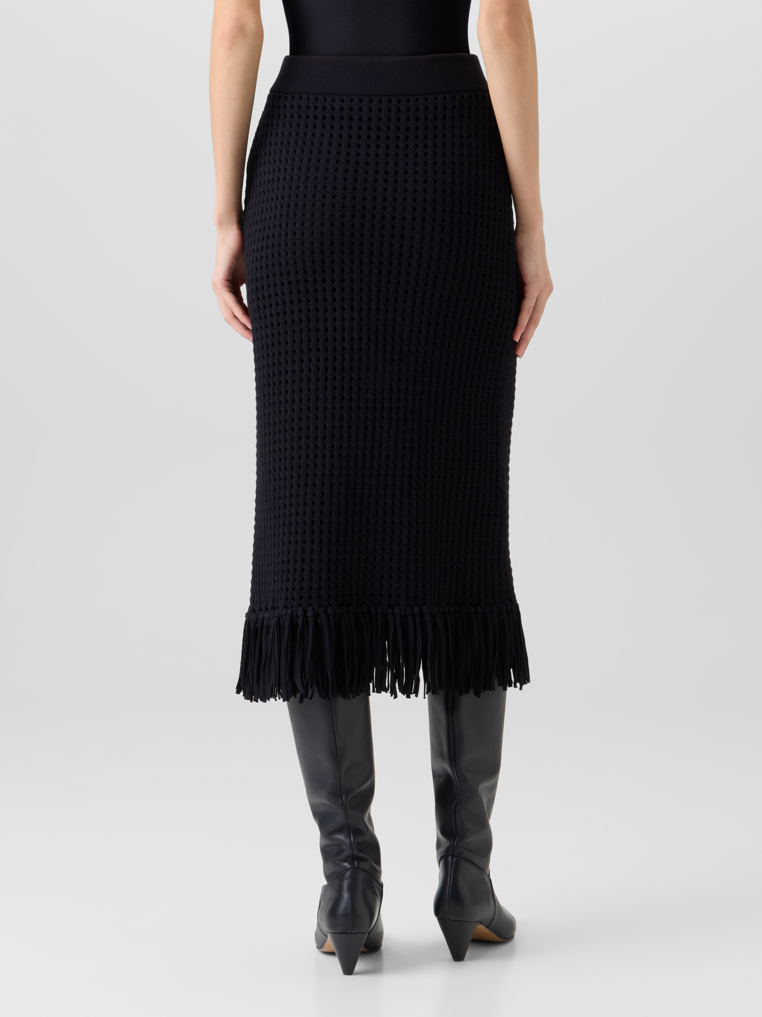 Designer Taillierter Strick-Tube-Rock aus grobem Baumwoll-Mesh - Schwarz 