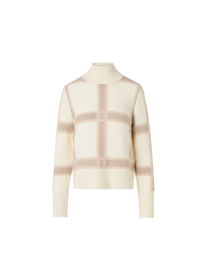 Designer Wolle-Kaschmir Pullover mit Intarsia-Karo - Ecru - Bunt