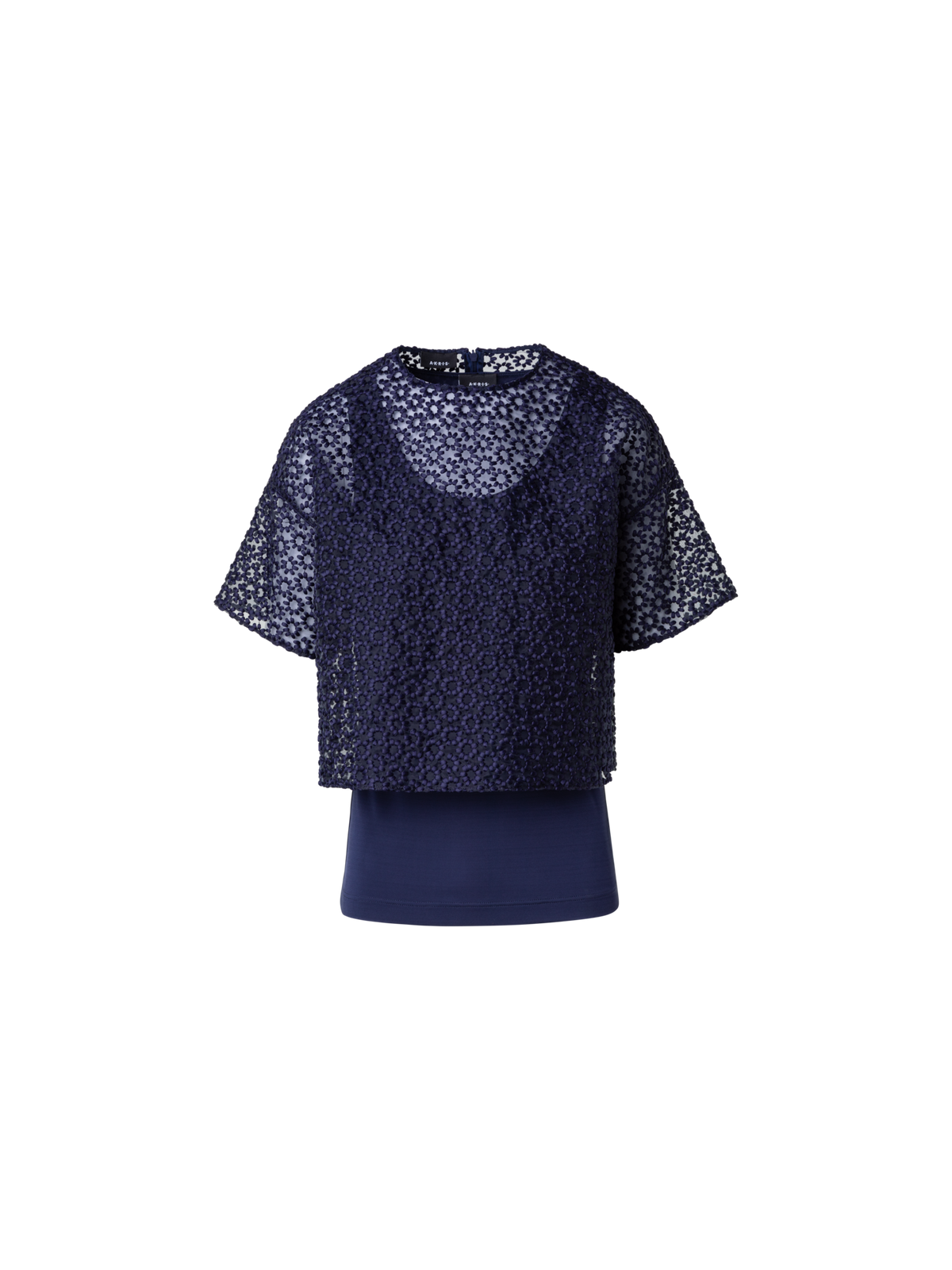 Designer Organza Bluse mit St.Gallen Blumenstickerei - Dunkelblau - Blau